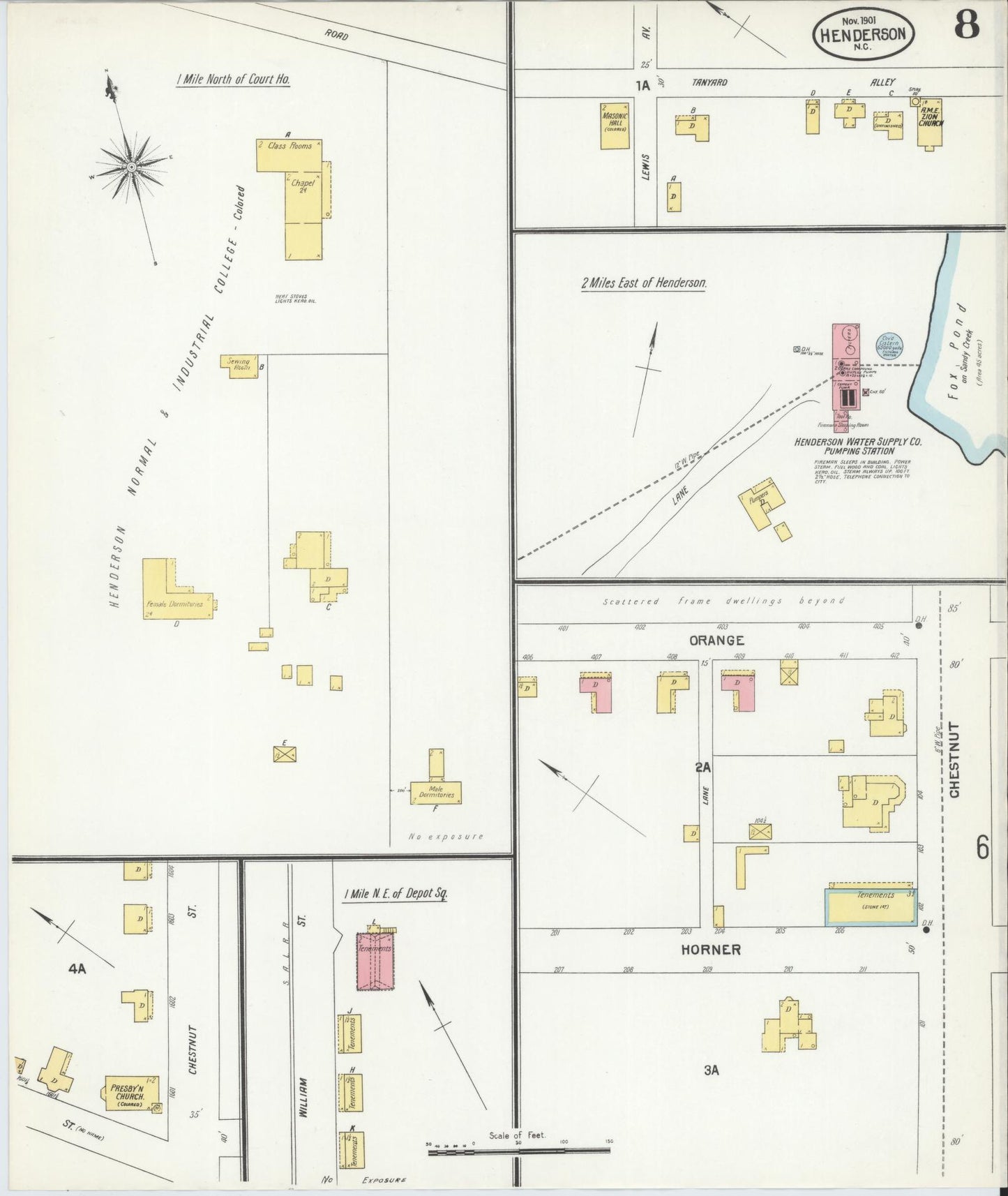Sanborn Fire Insurance Map from Henderson, Vance County, North Carolina (1901), Sheet #0008 - Complete Map Set gallery image, historic Sanborn map, vintage wall art, North Carolina North Carolina