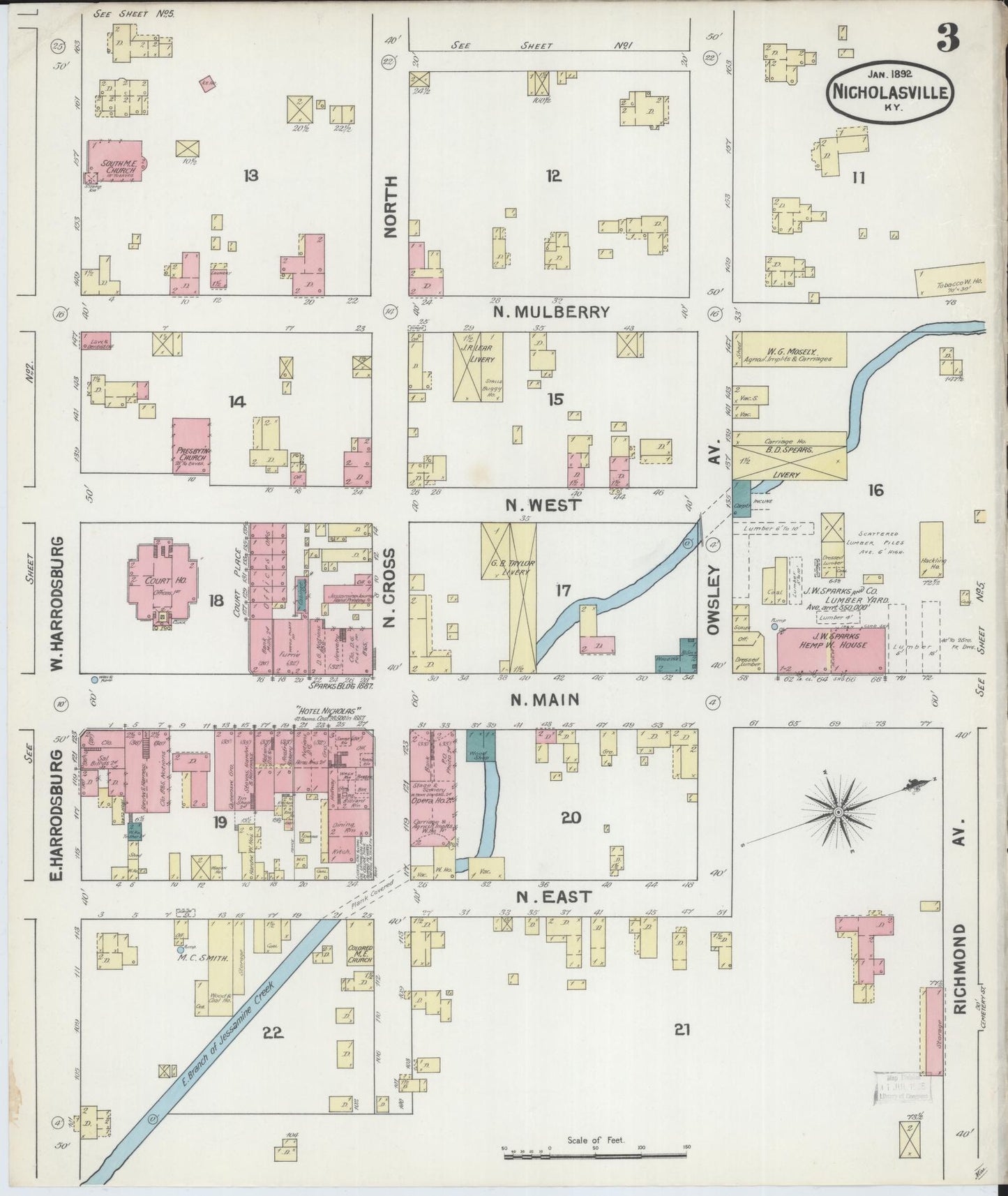 Sanborn Fire Insurance Map from Nicholasville, Jessamine County, Kentucky (1892), Sheet #0003 - Complete Map Set gallery image, historic Sanborn map, vintage wall art, Kentucky Kentucky