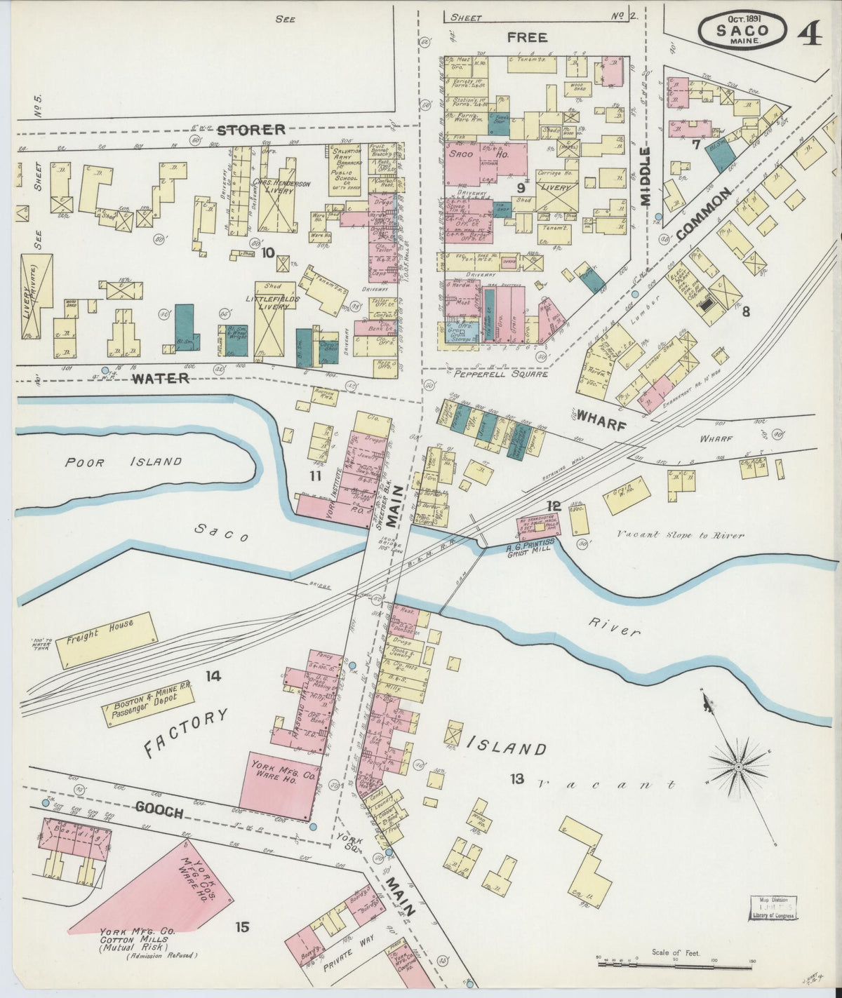 Sanborn Fire Insurance Map from Saco, York County, Maine (1891), Sheet #0004 - Historic Sanborn Fire Insurance Map Print, vintage old map wall art, antique decor, genealogy gift, Maine Maine map
