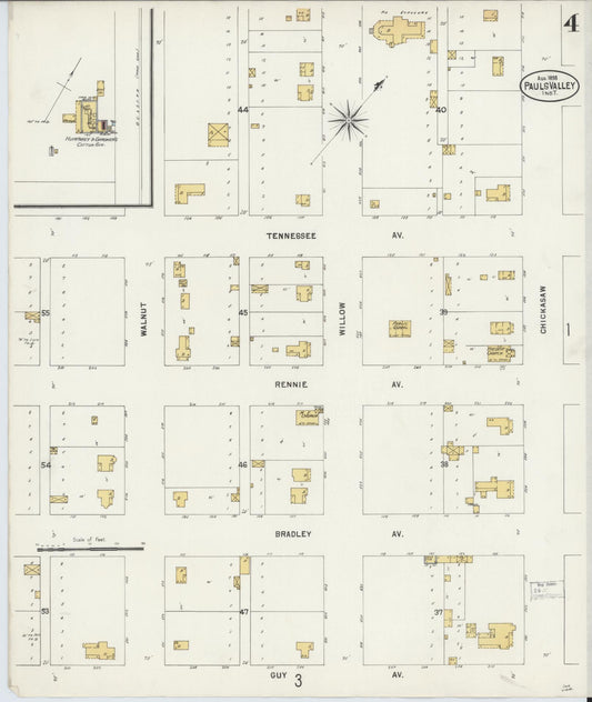 Sanborn Fire Insurance Map from Pauls Valley, Garvin County, Oklahoma (1898), Sheet #0004 - Historic Sanborn Fire Insurance Map Print, vintage old map wall art, antique decor, genealogy gift, Oklahoma Oklahoma map