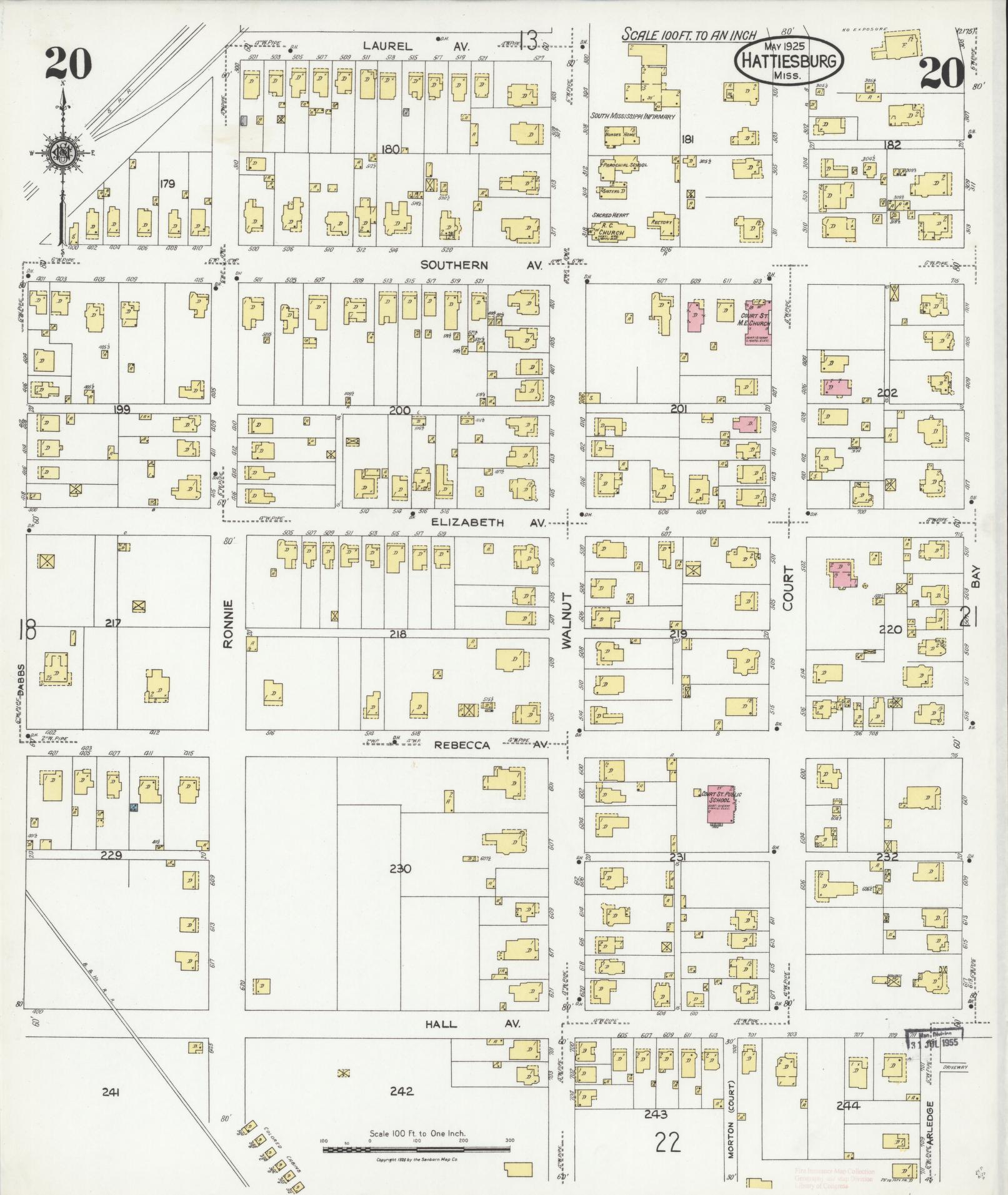 Sanborn Fire Insurance Map from Hattiesburg, Forrest County, Mississippi (1925), Sheet #0020 - Complete Map Set gallery image, historic Sanborn map, vintage wall art, Mississippi Mississippi