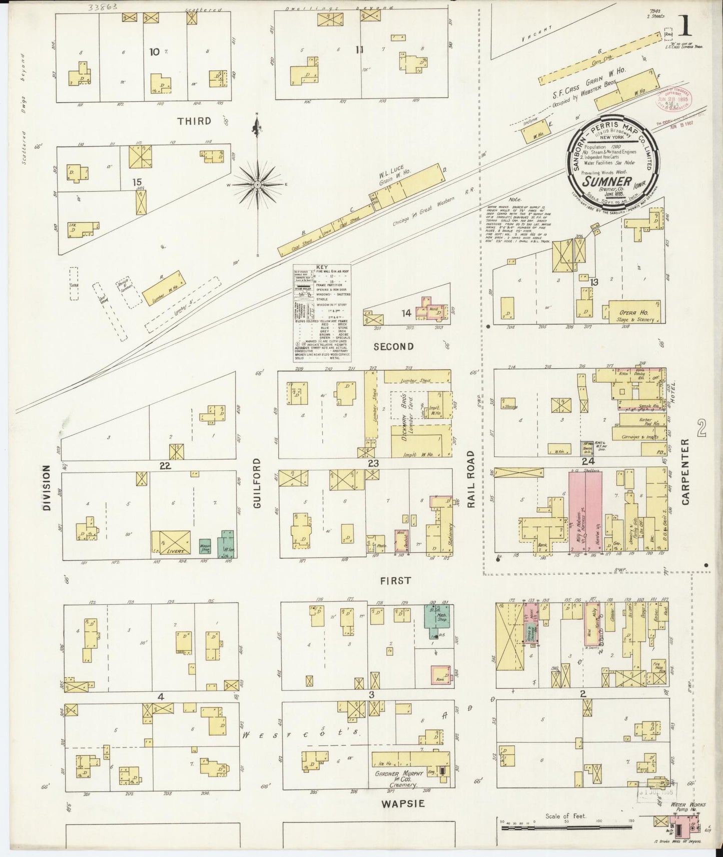 Sanborn Fire Insurance Map from Sumner, Bremer County, Iowa (1895), Sheet #0001 - Historic Sanborn Fire Insurance Map Print, vintage old map wall art