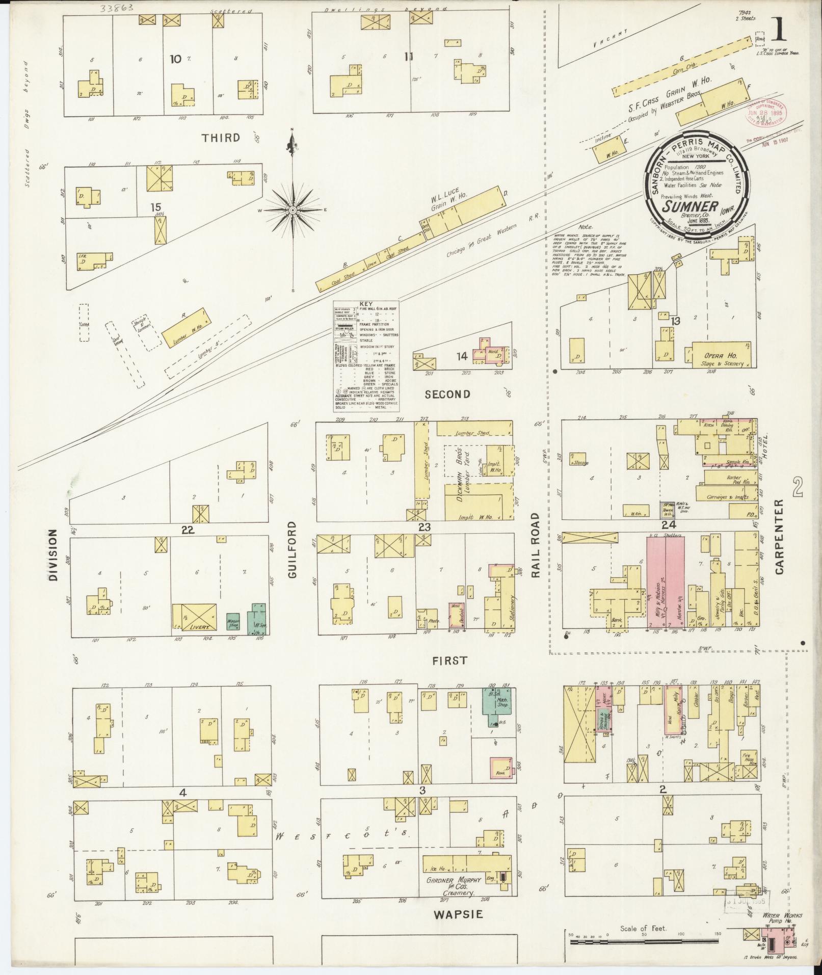 Sanborn Fire Insurance Map from Sumner, Bremer County, Iowa (1895), Sheet #0001 - Historic Sanborn Fire Insurance Map Print, vintage old map wall art