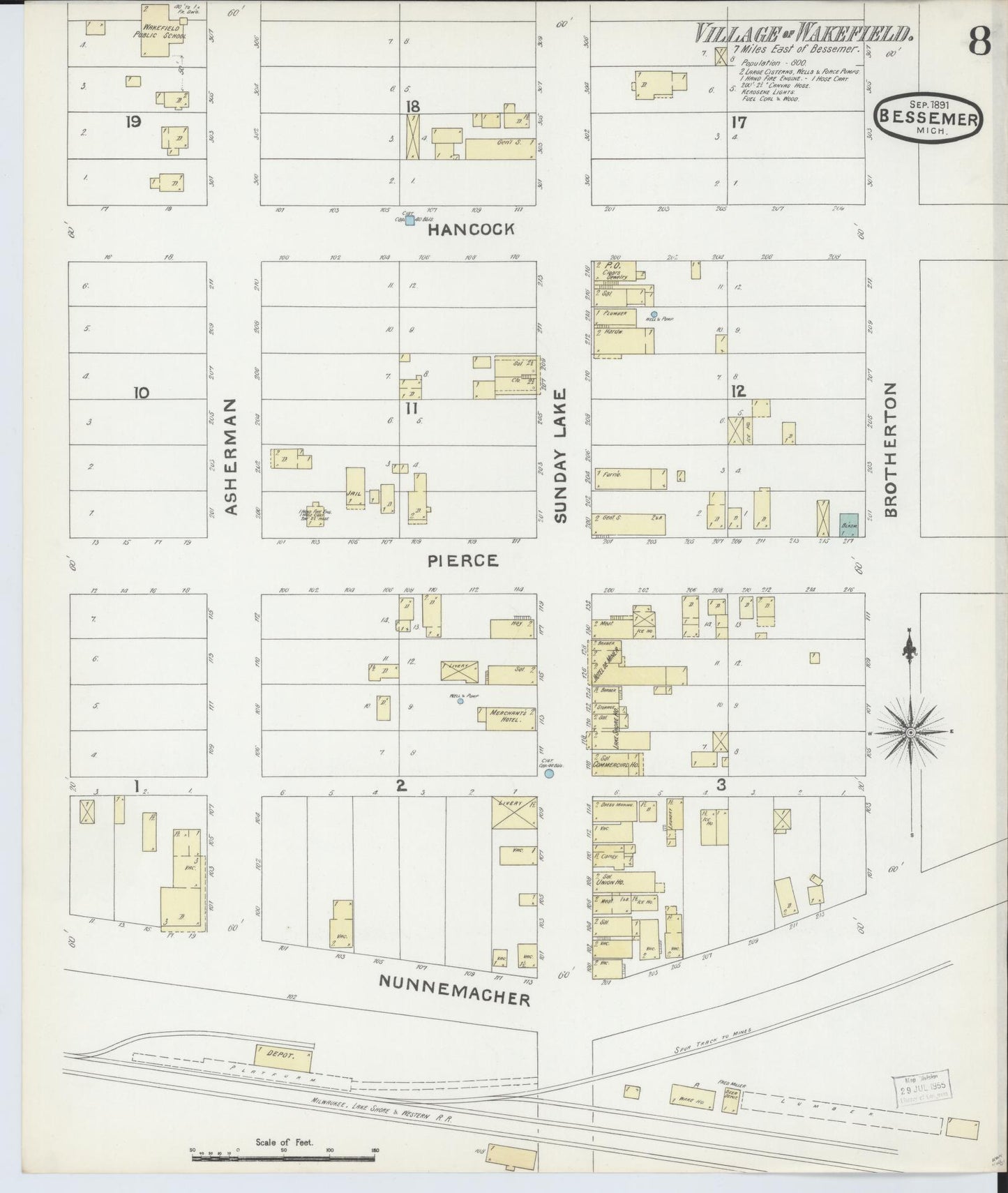 Sanborn Fire Insurance Map from Bessemer, Gogebic County, Michigan (1891), Sheet #0008 - Historic Sanborn Fire Insurance Map Print, vintage old map wall art, antique decor, genealogy gift, Michigan Michigan map