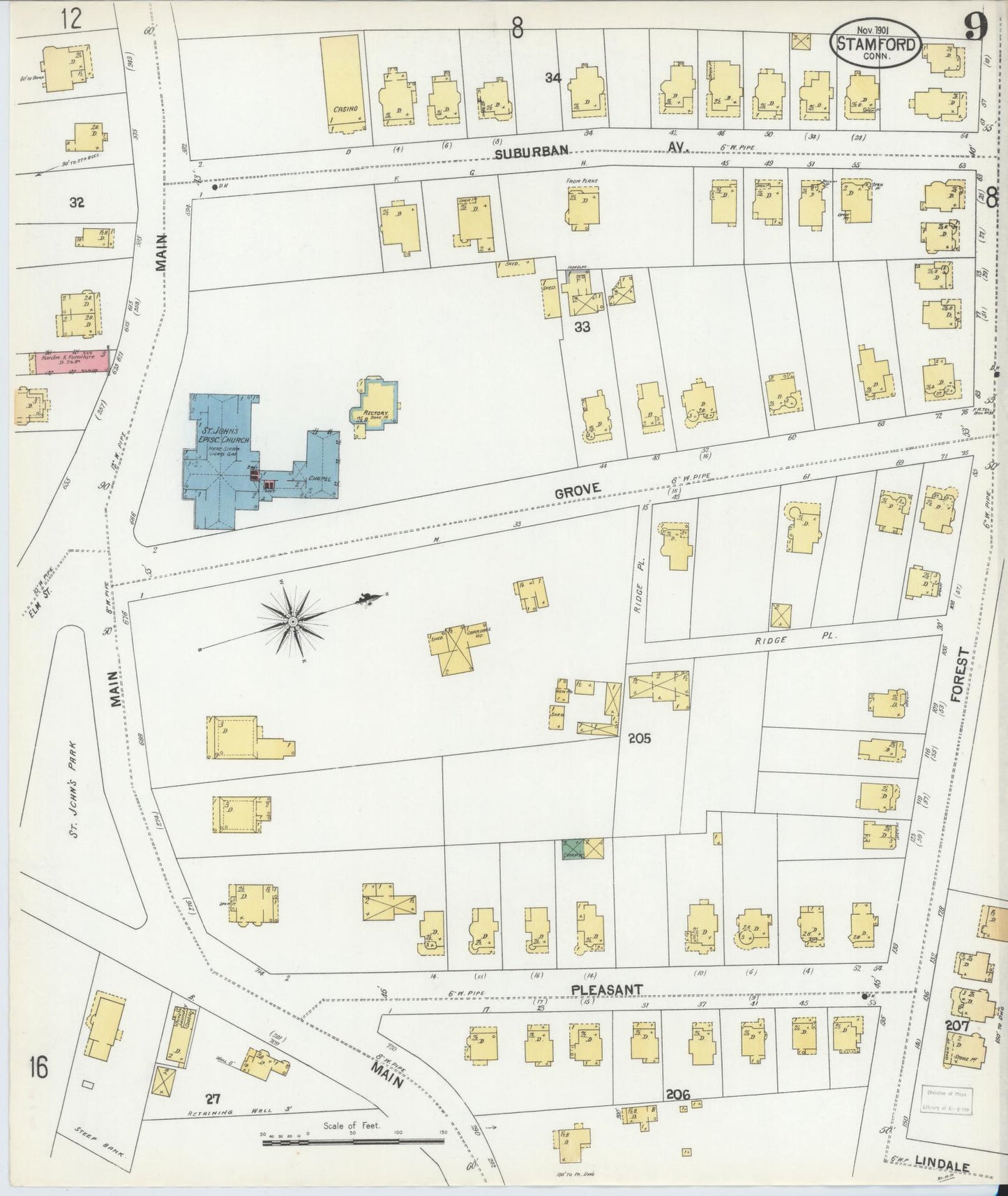 Sanborn Fire Insurance Map from Stamford, Fairfield County, Connecticut (1901), Sheet #0009 - Complete Map Set gallery image, historic Sanborn map, vintage wall art, Connecticut Connecticut