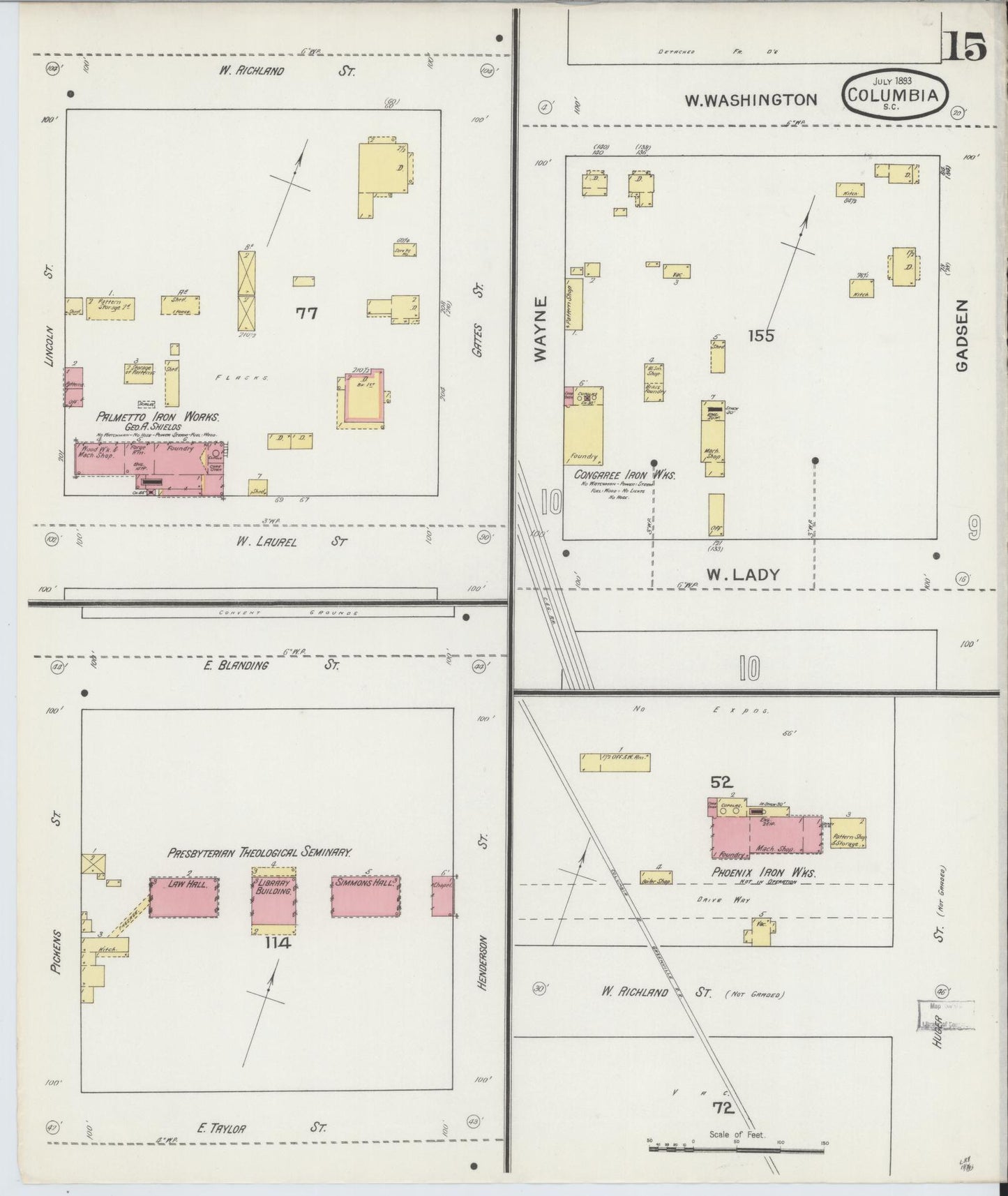 Sanborn Fire Insurance Map from Columbia, Richland County, South Carolina (1893), Sheet #0015 - Complete Map Set gallery image, historic Sanborn map, vintage wall art, South Carolina South Carolina