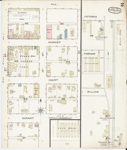 Sanborn Fire Insurance Map from Harlan, Shelby County, Iowa (1886), Sheet #0002 - Historic Sanborn Fire Insurance Map Print, vintage old map wall art