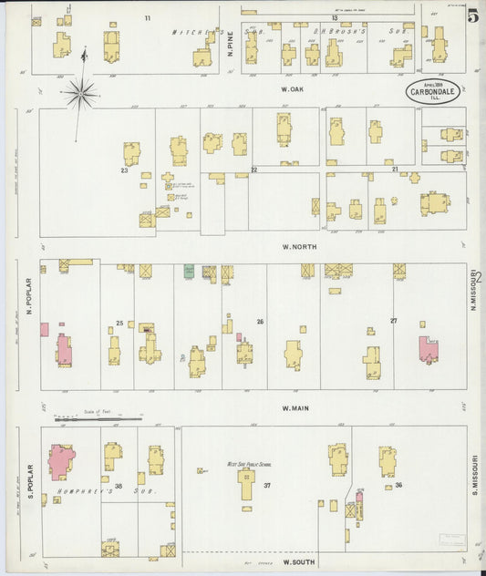 Sanborn Fire Insurance Map from Carbondale, Jackson County, Illinois (1899), Sheet #0005 - Historic Sanborn Fire Insurance Map Print, vintage old map wall art, antique decor, genealogy gift, Illinois Illinois map