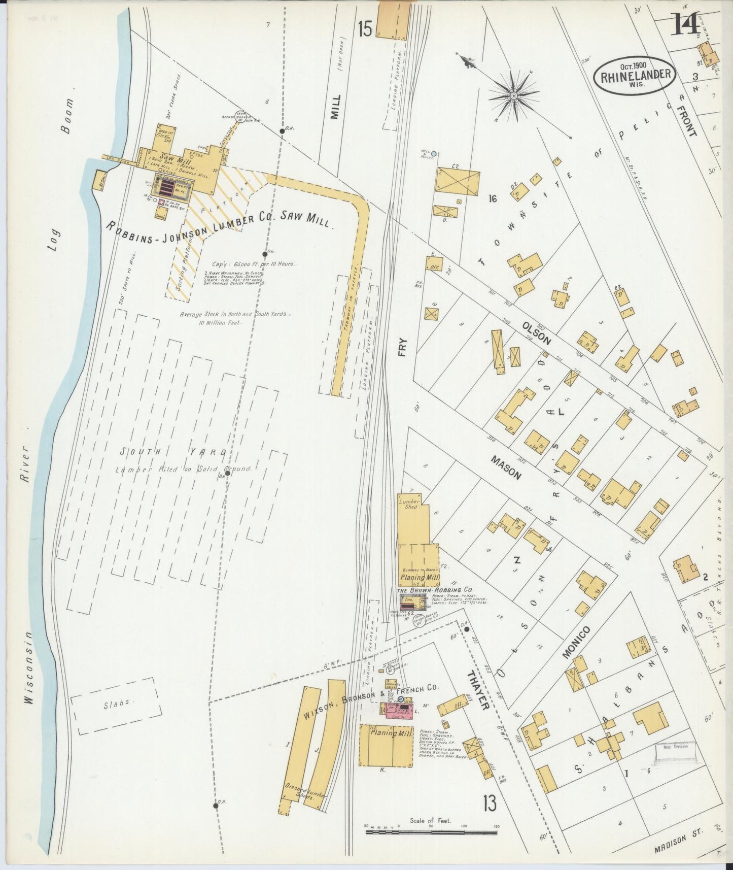 Sanborn Fire Insurance Map from Rhinelander, Oneida County, Wisconsin (1900), Sheet #0014 - Historic Sanborn Fire Insurance Map Print, vintage old map wall art, antique decor, genealogy gift, Wisconsin Wisconsin map