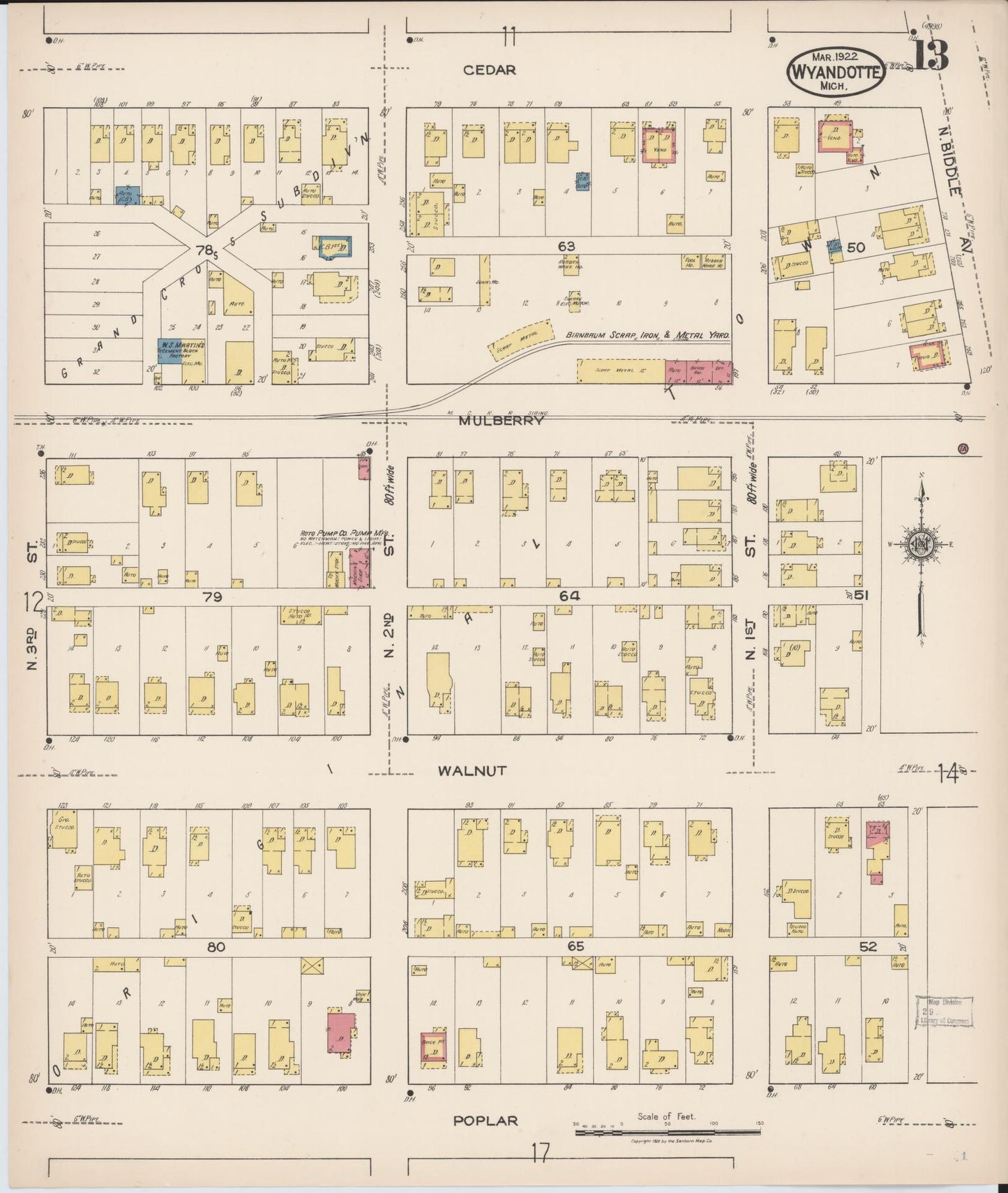 Sanborn Fire Insurance Map from Wyandotte, Wayne County, Michigan (1922), Sheet #0013 - Complete Map Set gallery image, historic Sanborn map, vintage wall art, Michigan Michigan