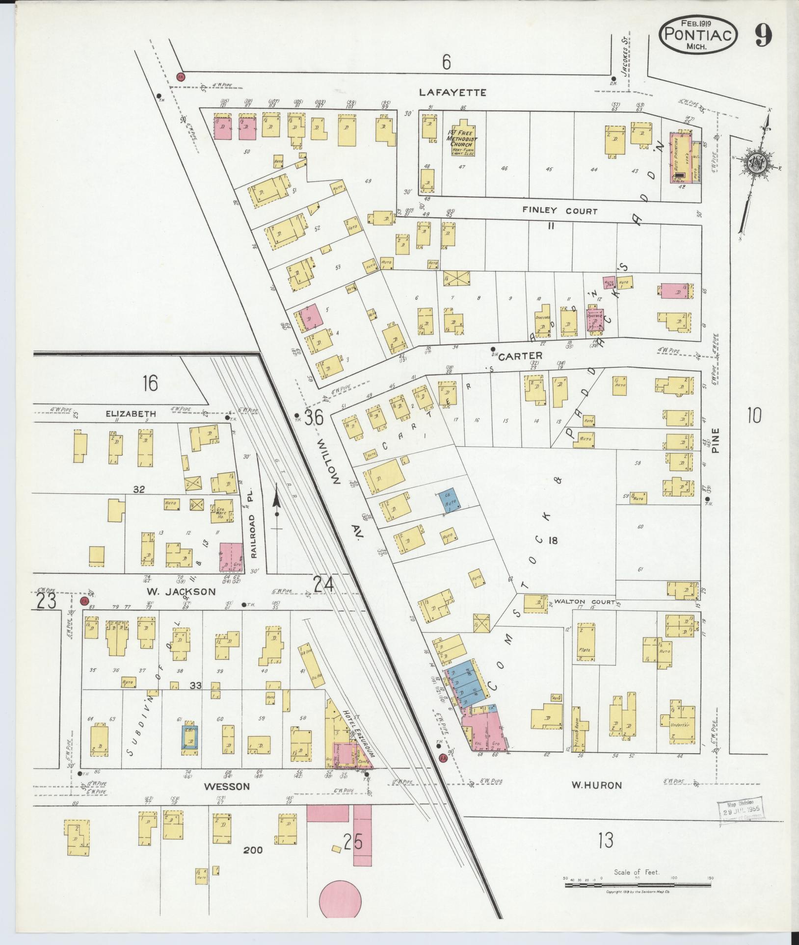 Sanborn Fire Insurance Map from Pontiac, Oakland County, Michigan (1919), Sheet #0009 - Complete Map Set gallery image, historic Sanborn map, vintage wall art, Michigan Michigan
