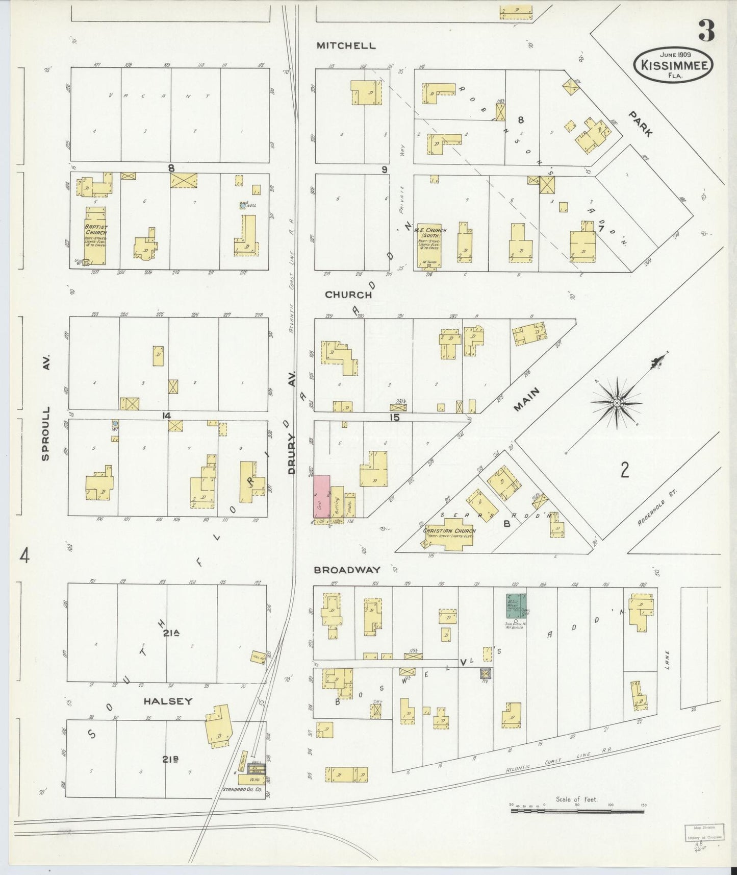 Sanborn Fire Insurance Map from Kissimmee, Osceola County, Florida (1909), Sheet #0003 - Complete Map Set gallery image, historic Sanborn map, vintage wall art, Florida Florida