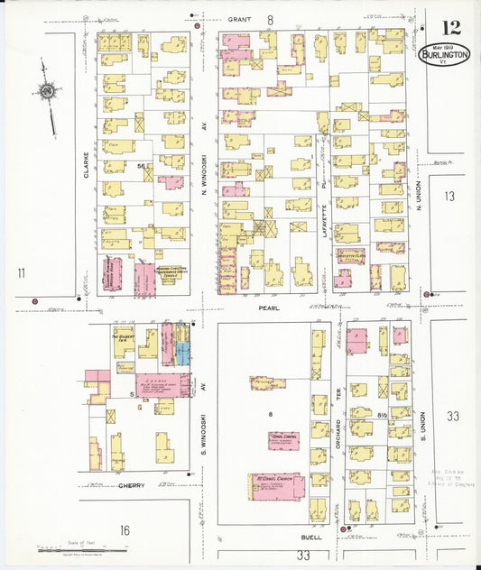 Sanborn Fire Insurance Map from Burlington, Chittenden County, Vermont (1919), Sheet #0012 - Historic Sanborn Fire Insurance Map Print, vintage old map wall art, antique decor, genealogy gift, Vermont Vermont map