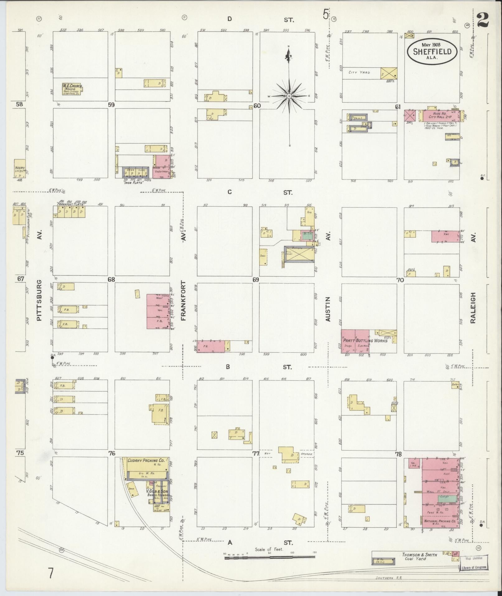 Sanborn Fire Insurance Map from Sheffield, Colbert County, Alabama (1908), Sheet #0002 - Historic Sanborn Fire Insurance Map Print, vintage old map wall art, antique decor, genealogy gift, Alabama Alabama map