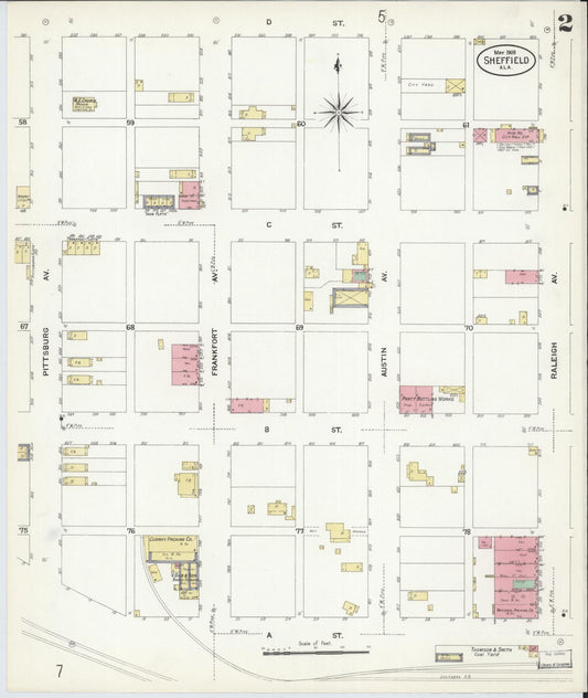 Sanborn Fire Insurance Map from Sheffield, Colbert County, Alabama (1908), Sheet #0002 - Historic Sanborn Fire Insurance Map Print, vintage old map wall art, antique decor, genealogy gift, Alabama Alabama map