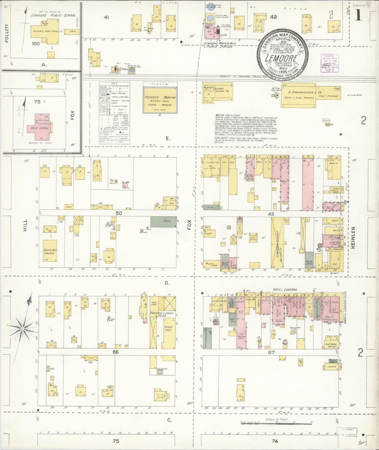 Sanborn Fire Insurance Map from Lemoore, Kings County, California (1905), Sheet #0001 - Historic Sanborn Fire Insurance Map Print, vintage old map wall art, antique decor, genealogy gift, California California map