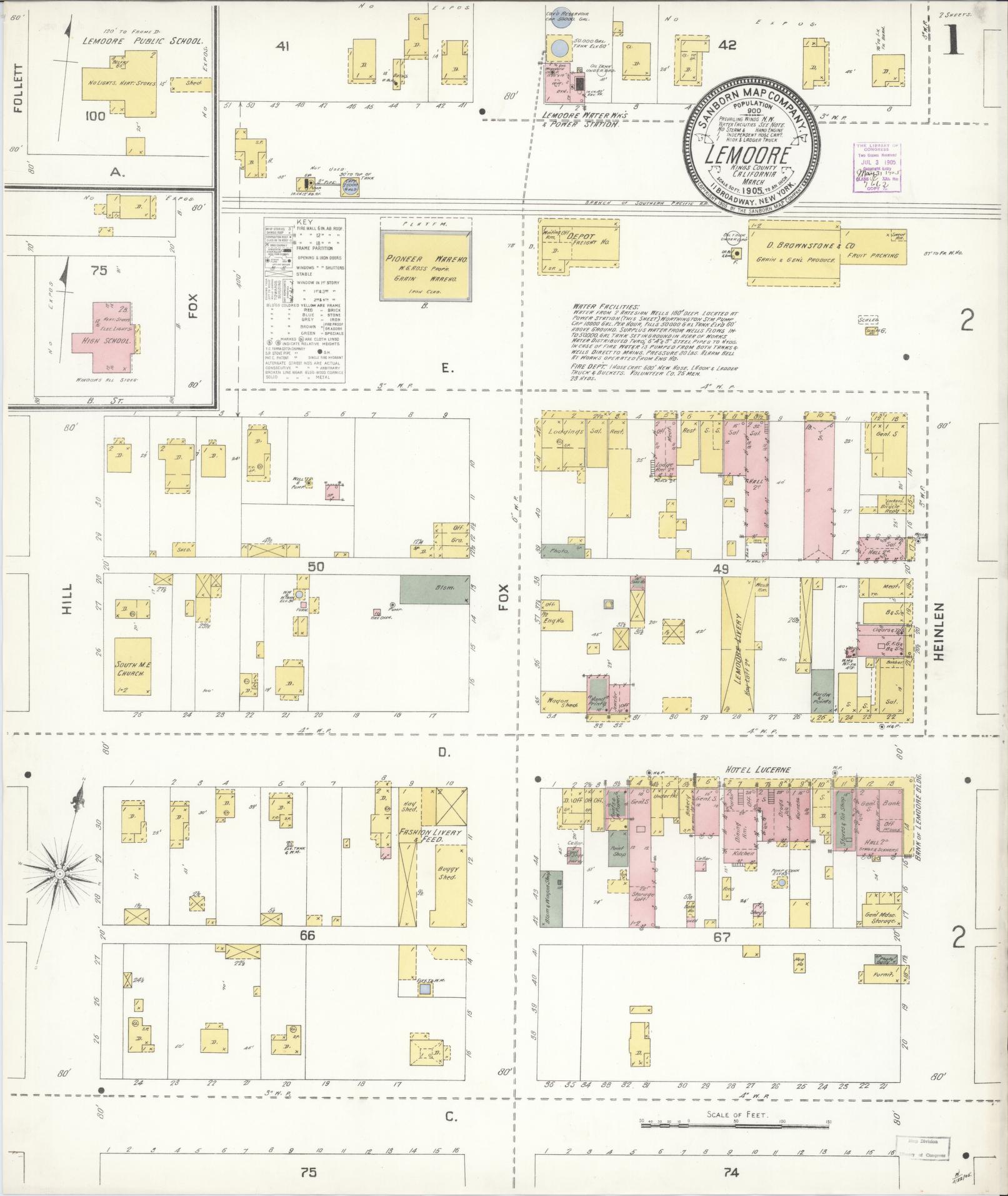 Sanborn Fire Insurance Map from Lemoore, Kings County, California (1905), Sheet #0001 - Historic Sanborn Fire Insurance Map Print, vintage old map wall art, antique decor, genealogy gift, California California map