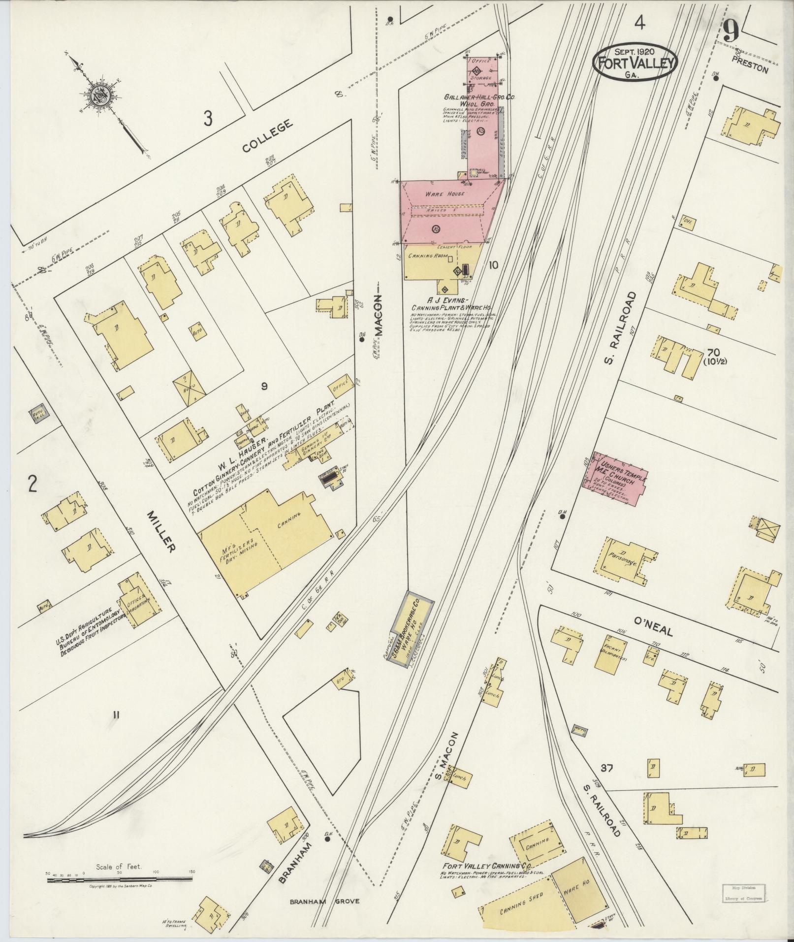 Sanborn Fire Insurance Map from Fort Valley, Peach County, Georgia (1920), Sheet #0009 - Complete Map Set gallery image, historic Sanborn map, vintage wall art, Georgia Georgia