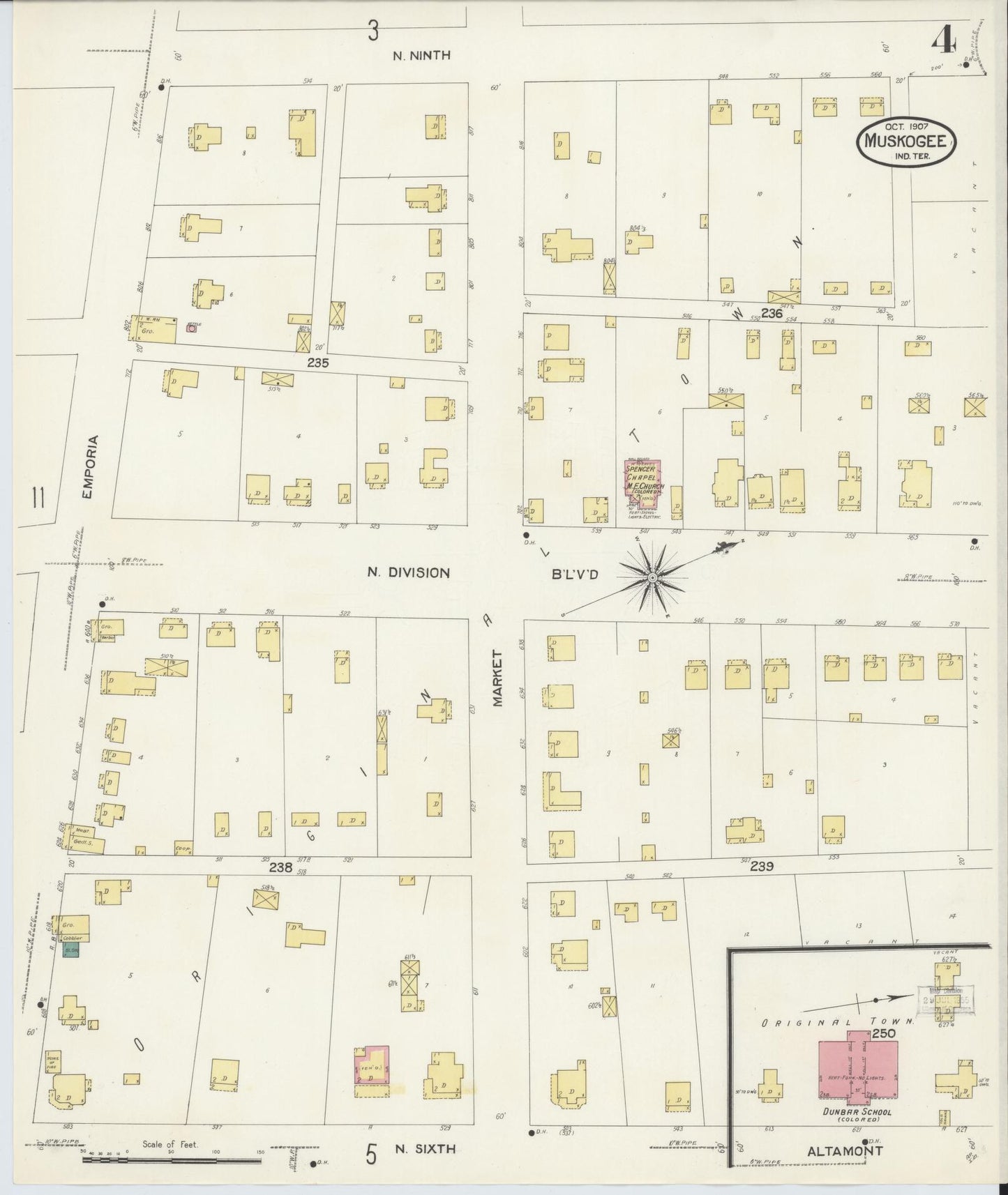 Sanborn Fire Insurance Map from Muskogee, Muskogee County, Oklahoma (1907), Sheet #0004 - Complete Map Set gallery image, historic Sanborn map, vintage wall art, Oklahoma Oklahoma