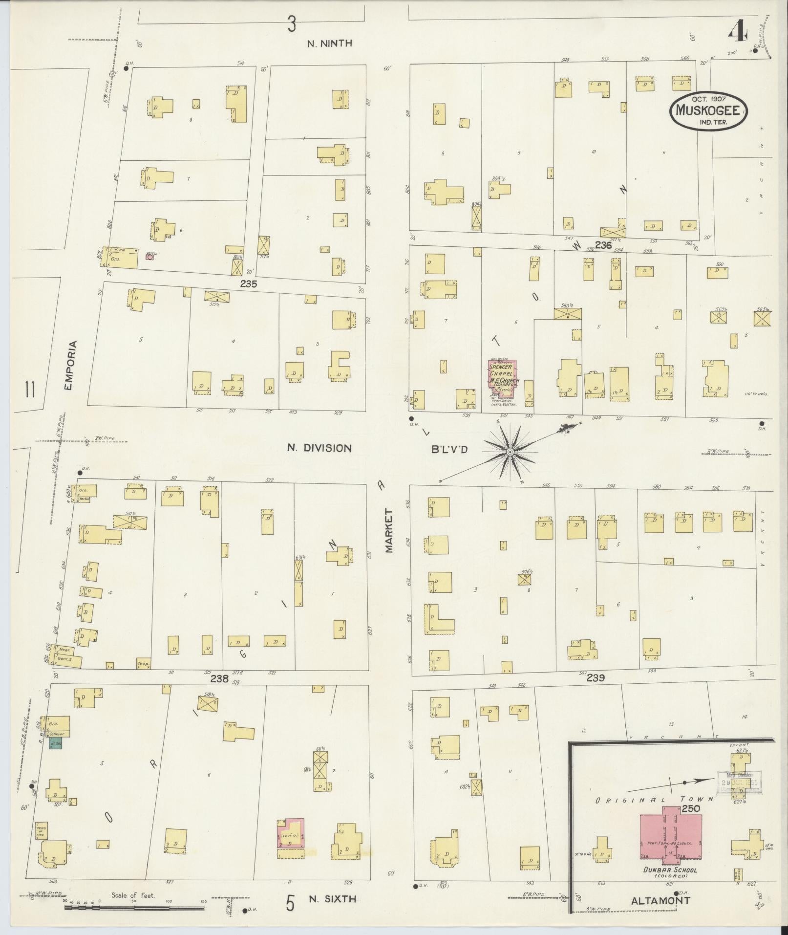 Sanborn Fire Insurance Map from Muskogee, Muskogee County, Oklahoma (1907), Sheet #0004 - Complete Map Set gallery image, historic Sanborn map, vintage wall art, Oklahoma Oklahoma