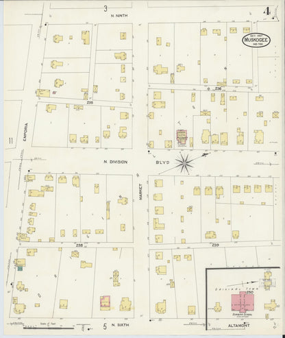 Sanborn Fire Insurance Map from Muskogee, Muskogee County, Oklahoma (1907), Sheet #0004 - Complete Map Set gallery image, historic Sanborn map, vintage wall art, Oklahoma Oklahoma