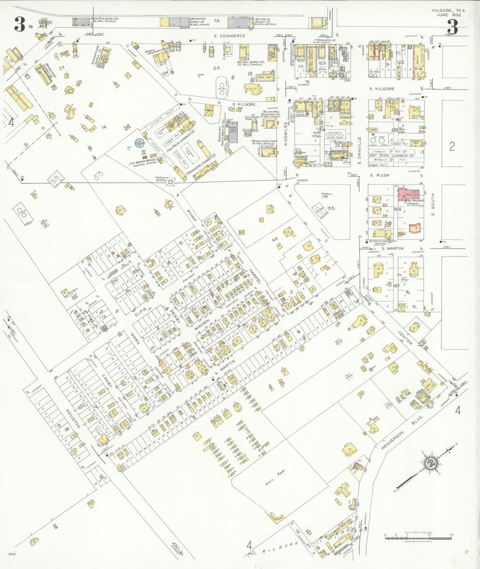 Sanborn Fire Insurance Map from Kilgore, Gregg County, Texas (1932), Sheet #0003 - Historic Sanborn Fire Insurance Map Print, vintage old map wall art, antique decor, genealogy gift, Texas Texas map