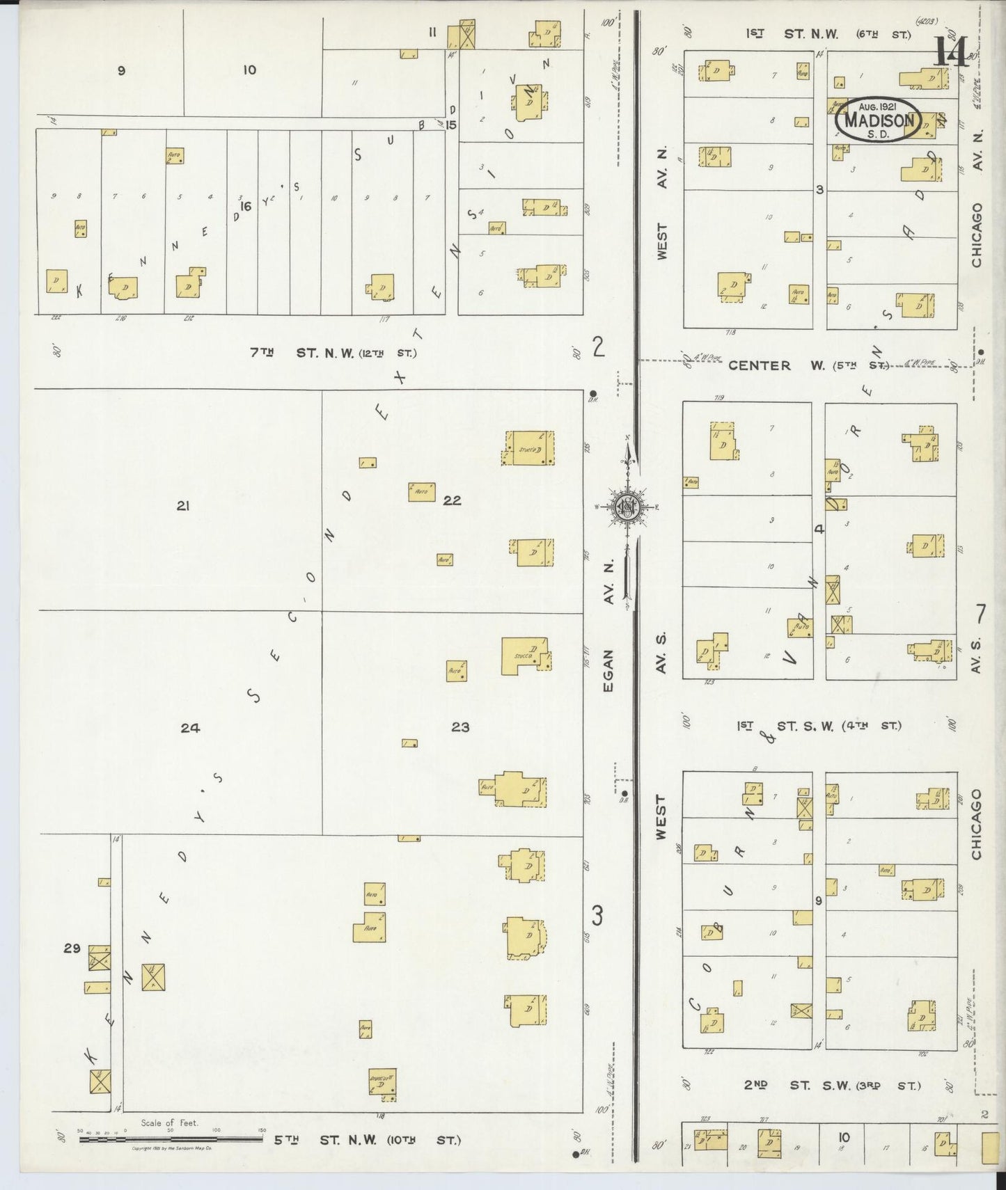 Sanborn Fire Insurance Map from Madison, Lake County, South Dakota (1921), Sheet #0014 - Historic Sanborn Fire Insurance Map Print, vintage old map wall art, antique decor, genealogy gift, South Dakota South Dakota map