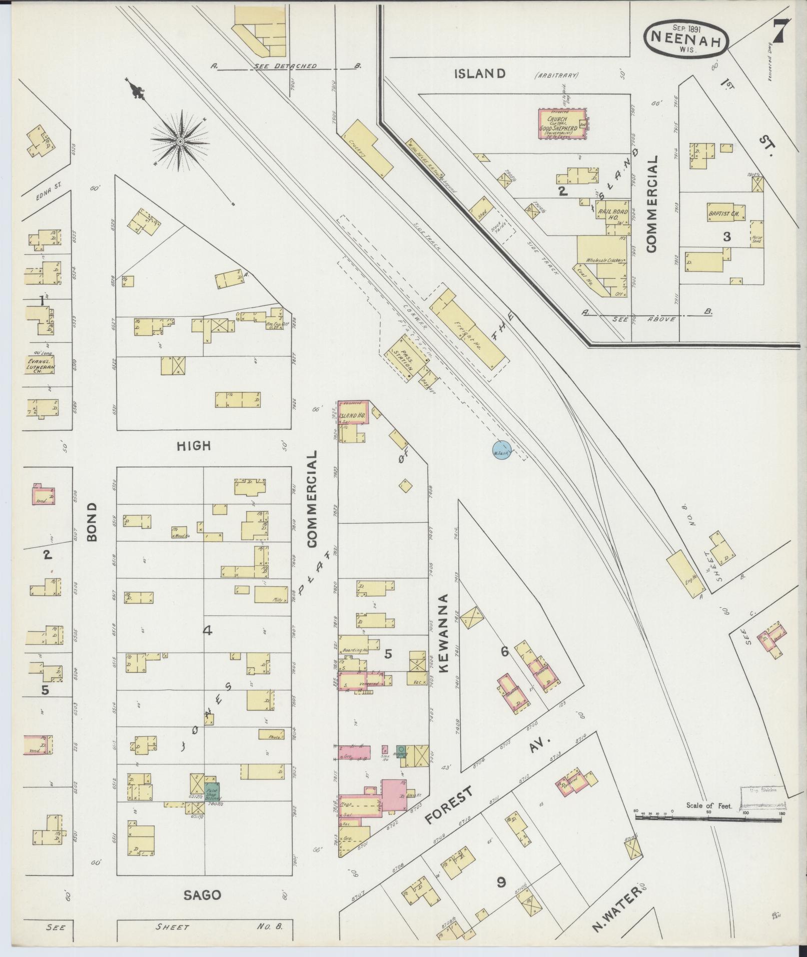 Sanborn Fire Insurance Map from Neenah, Winnebago County, Wisconsin (1891), Sheet #0007 - Historic Sanborn Fire Insurance Map Print, vintage old map wall art, antique decor, genealogy gift, Wisconsin Wisconsin map