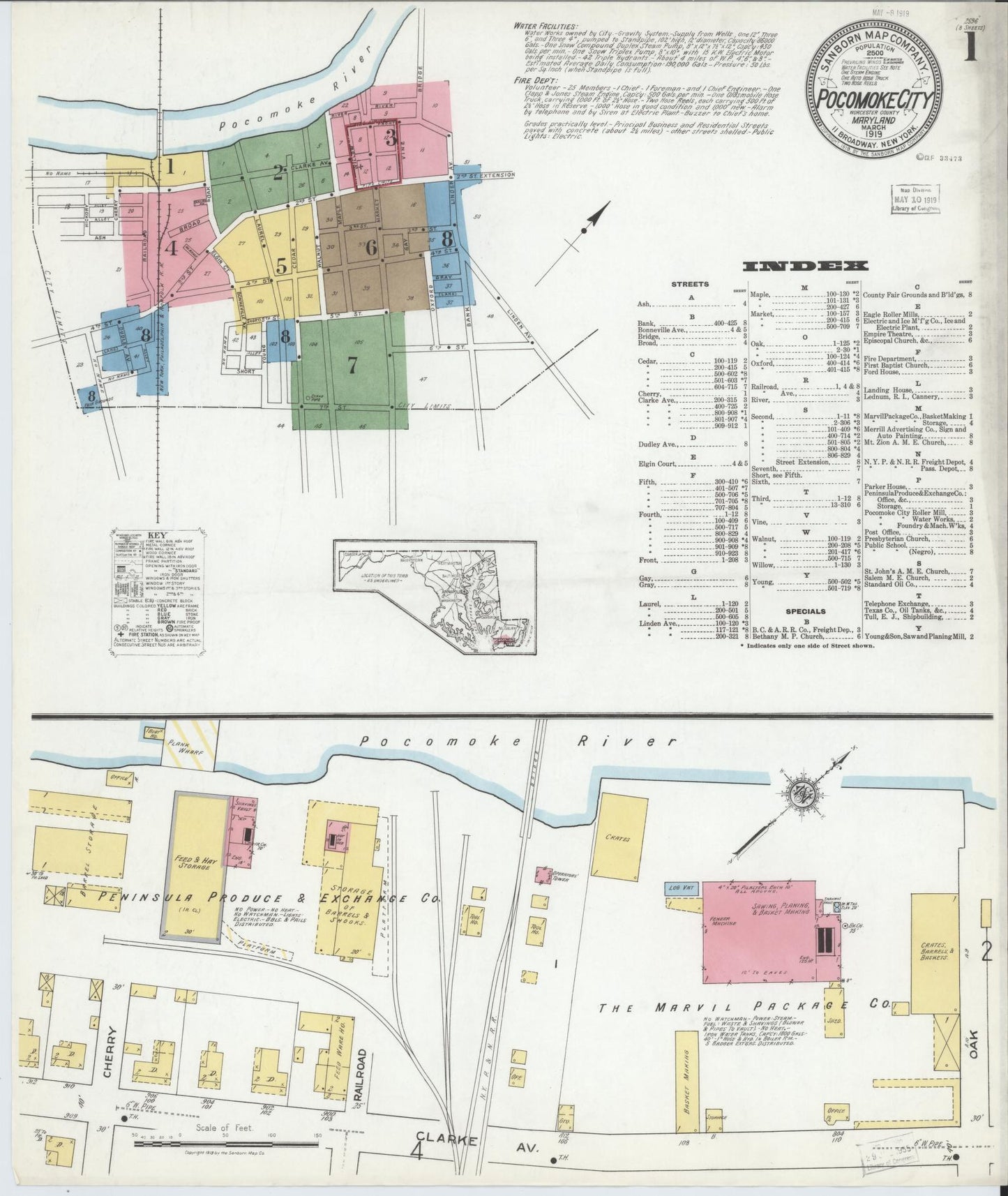 Sanborn Fire Insurance Map from Pocomoke City, Worcester County, Maryland (1919), Sheet #0001 - Historic Sanborn Fire Insurance Map Print, vintage old map wall art, antique decor, genealogy gift, Maryland Maryland map