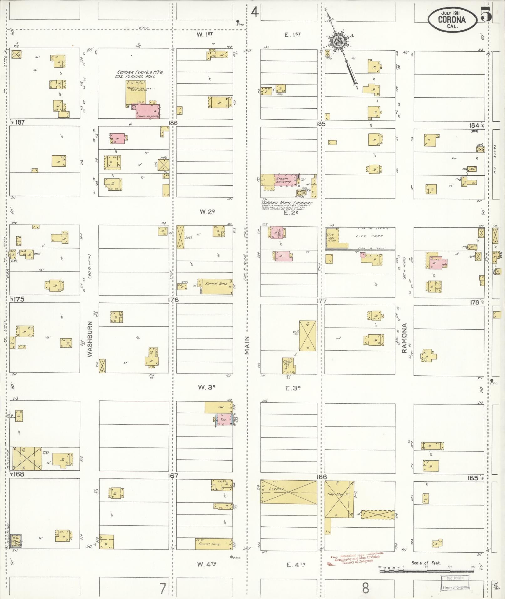 Sanborn Fire Insurance Map from Corona, Riverside County, California (1911), Sheet #0005 - Complete Map Set gallery image, historic Sanborn map, vintage wall art, California California