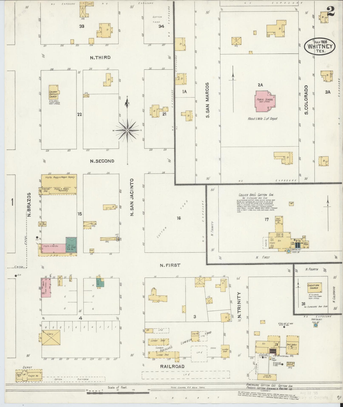 Sanborn Fire Insurance Map from Whitney, Hill County, Texas (1905), Sheet #0002 - Complete Map Set gallery image, historic Sanborn map, vintage wall art, Texas Texas