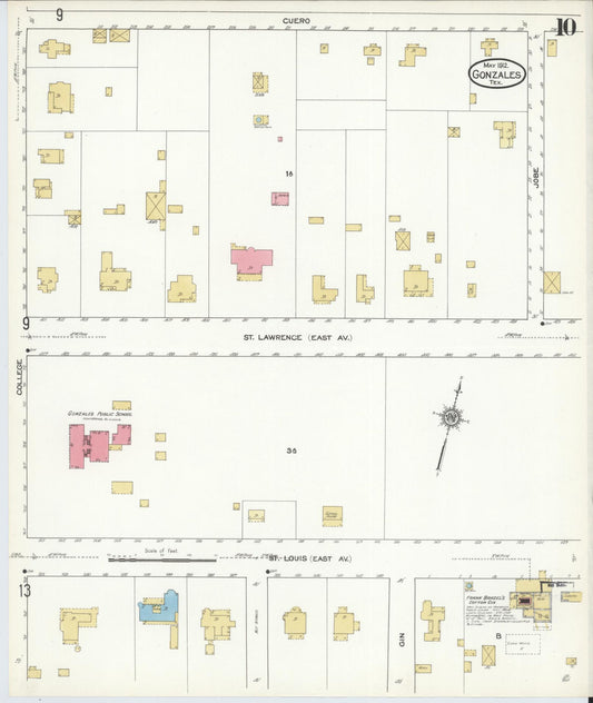 Sanborn Fire Insurance Map from Gonzales, Gonzales County, Texas (1912), Sheet #0010 - Historic Sanborn Fire Insurance Map Print, vintage old map wall art, antique decor, genealogy gift, Texas Texas map