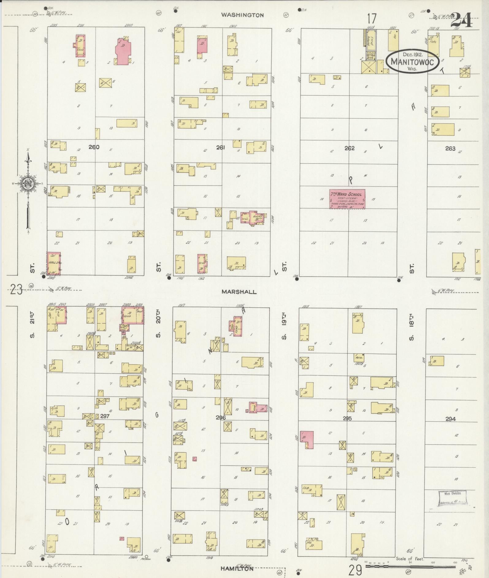 Sanborn Fire Insurance Map from Manitowoc, Manitowoc County, Wisconsin (1912), Sheet #0024 - Historic Sanborn Fire Insurance Map Print, vintage old map wall art, antique decor, genealogy gift, Wisconsin Wisconsin map