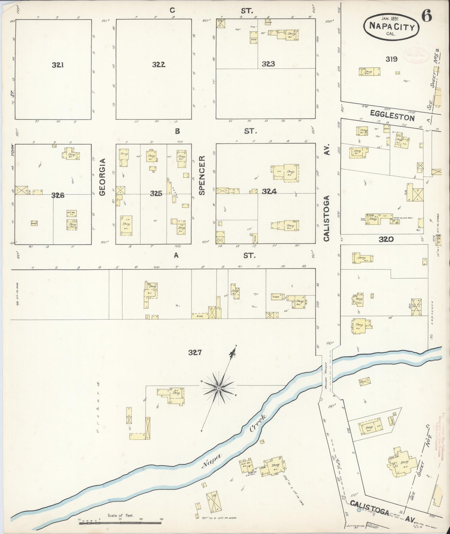 Sanborn Fire Insurance Map from Napa, Napa County, California (1891), Sheet #0006 - Historic Sanborn Fire Insurance Map Print, vintage old map wall art, antique decor, genealogy gift, California California map