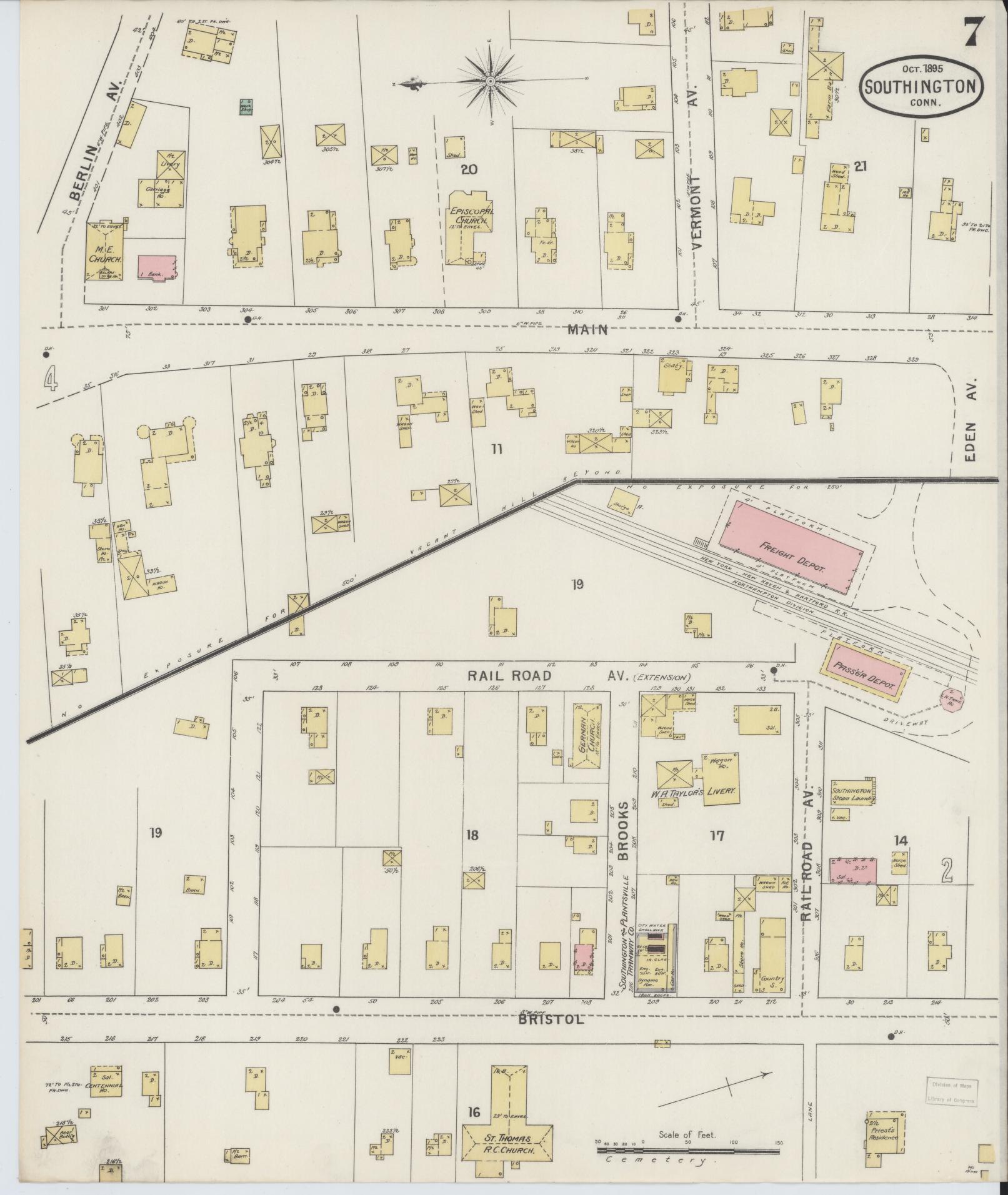 Sanborn Fire Insurance Map from Southington, Hartford County, Connecticut (1895), Sheet #0007 - Complete Map Set gallery image, historic Sanborn map, vintage wall art, Connecticut Connecticut