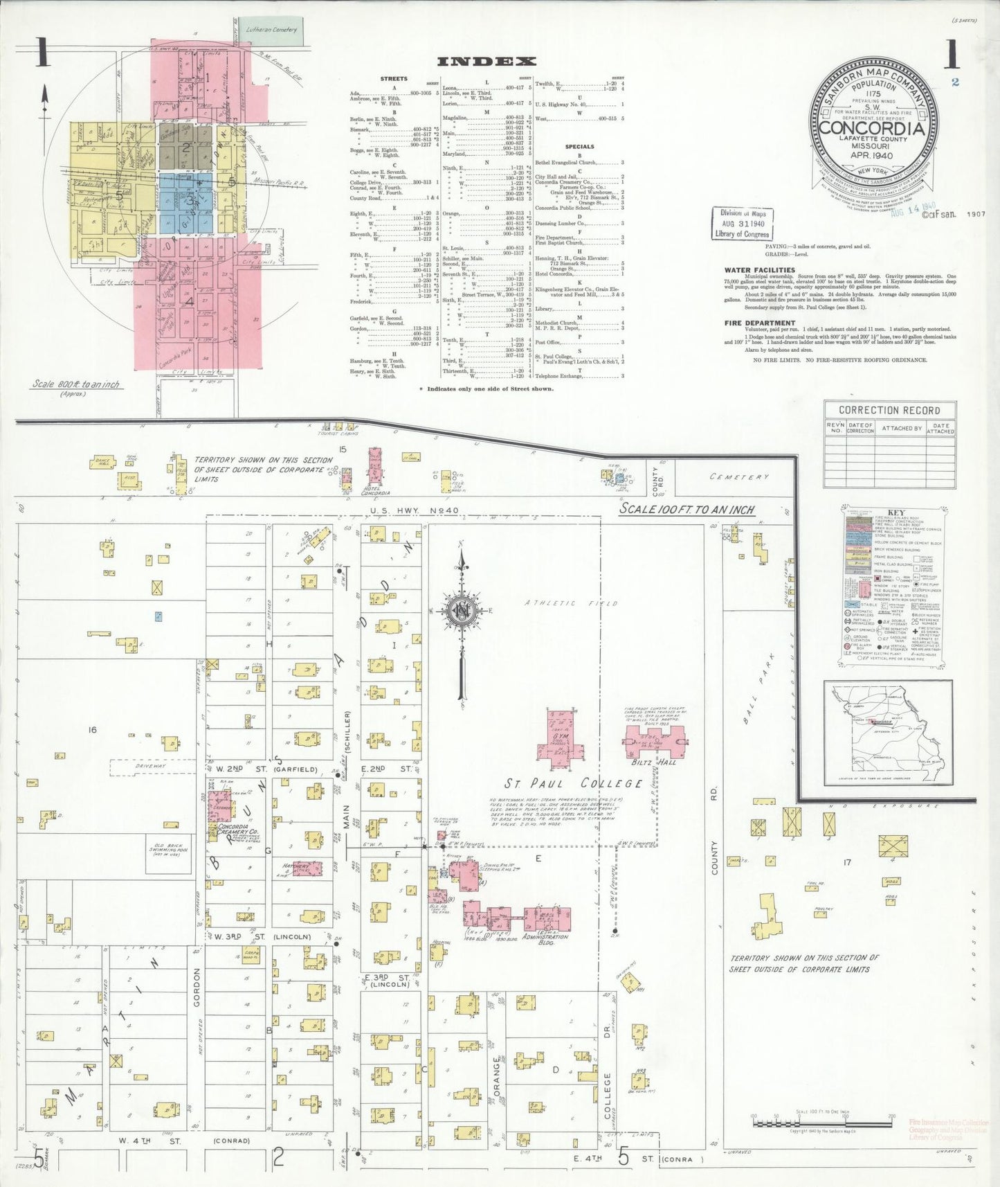 Sanborn Fire Insurance Map from Concordia, Lafayette County, Missouri (1940), Sheet #0001 - Complete Map Set gallery image, historic Sanborn map, vintage wall art, Missouri Missouri