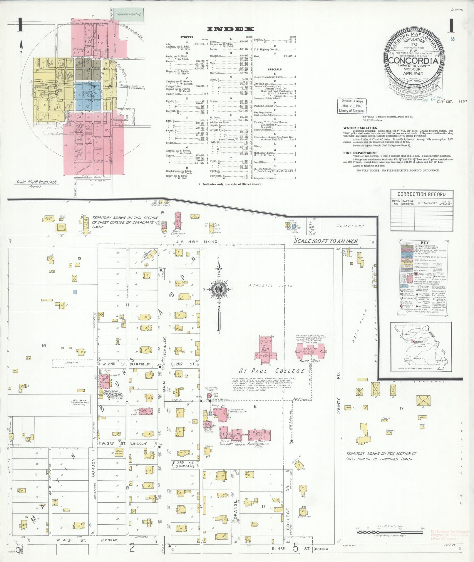 Sanborn Fire Insurance Map from Concordia, Lafayette County, Missouri (1940), Sheet #0001 - Complete Map Set gallery image, historic Sanborn map, vintage wall art, Missouri Missouri