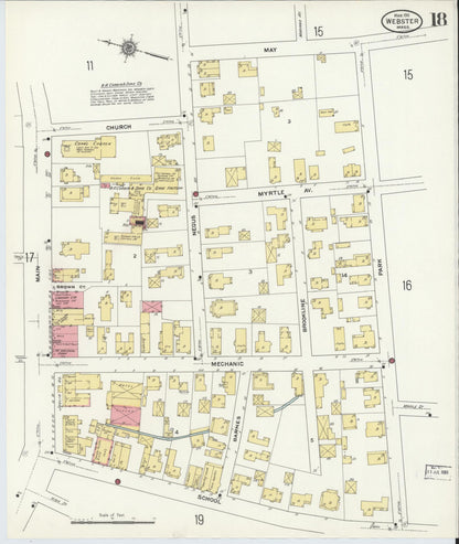 Sanborn Fire Insurance Map from Webster, Worcester County, Massachusetts (1911), Sheet #0018 - Historic Sanborn Fire Insurance Map Print, vintage old map wall art, antique decor, genealogy gift, Massachusetts Massachusetts map