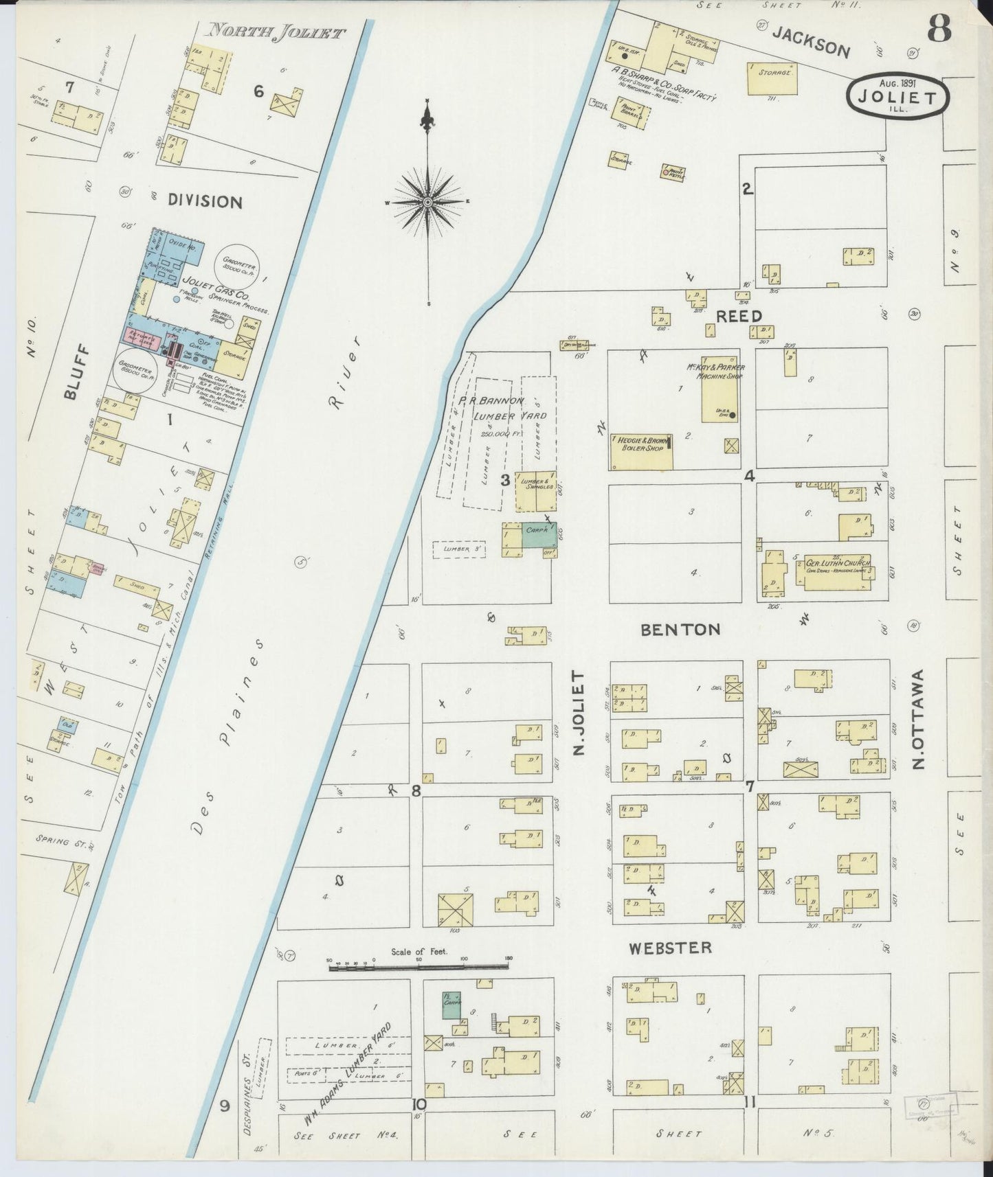 Sanborn Fire Insurance Map from Joliet, Will County, Illinois (1891), Sheet #0008 - Complete Map Set gallery image, historic Sanborn map, vintage wall art, Illinois Illinois