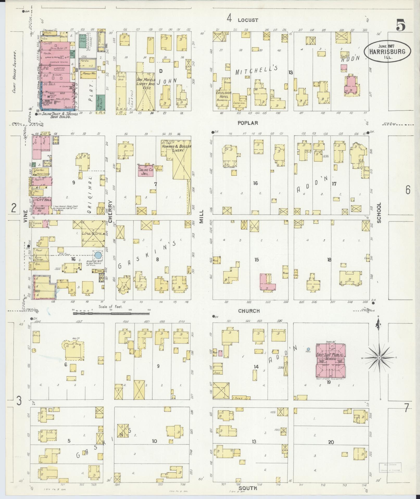 Sanborn Fire Insurance Map from Harrisburg, Saline County, Illinois (1907), Sheet #0005 - Historic Sanborn Fire Insurance Map Print, vintage old map wall art, antique decor, genealogy gift, Illinois Illinois map