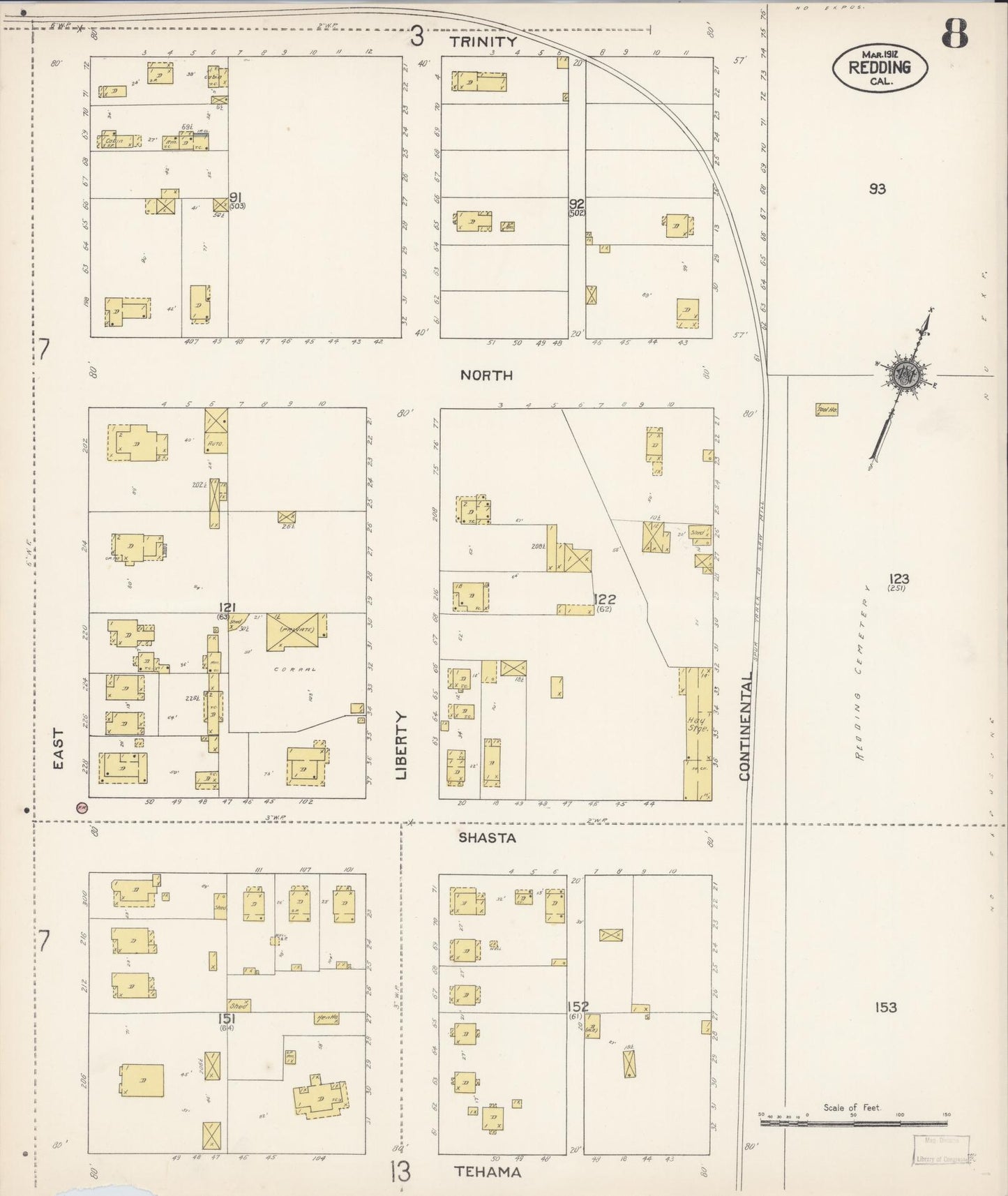 Sanborn Fire Insurance Map from Redding, Shasta County, California (1912), Sheet #0008 - Complete Map Set gallery image, historic Sanborn map, vintage wall art, California California