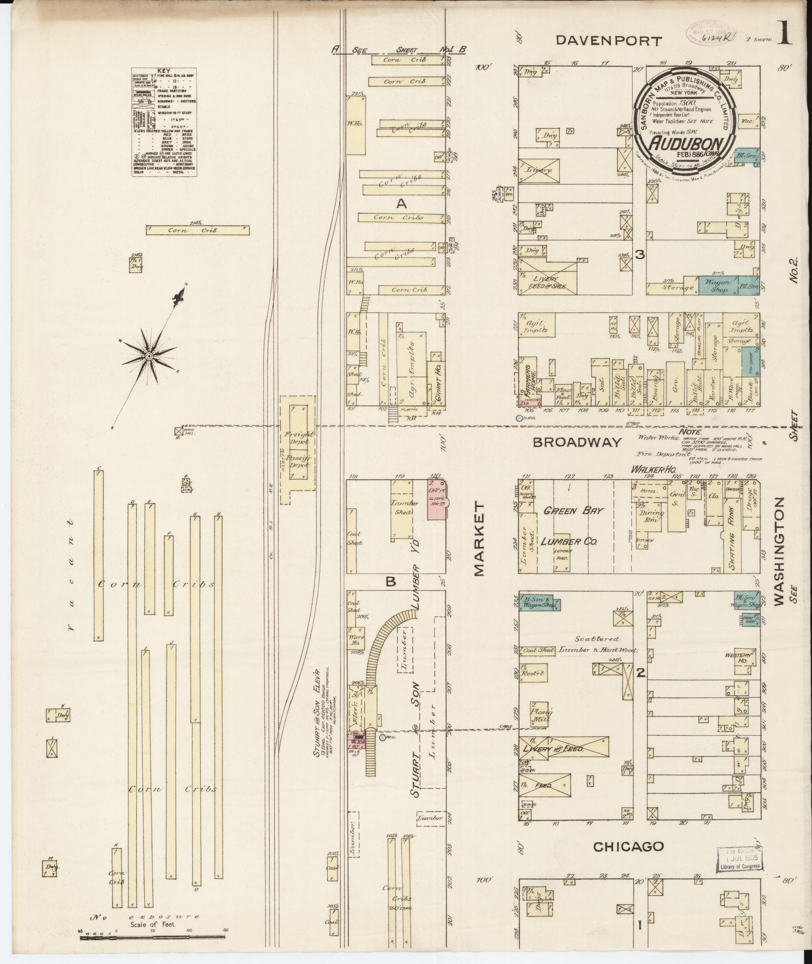 Sanborn Fire Insurance Map from Audubon, Audubon County, Iowa (1886), Sheet #0001 - Historic Sanborn Fire Insurance Map Print, vintage old map wall art