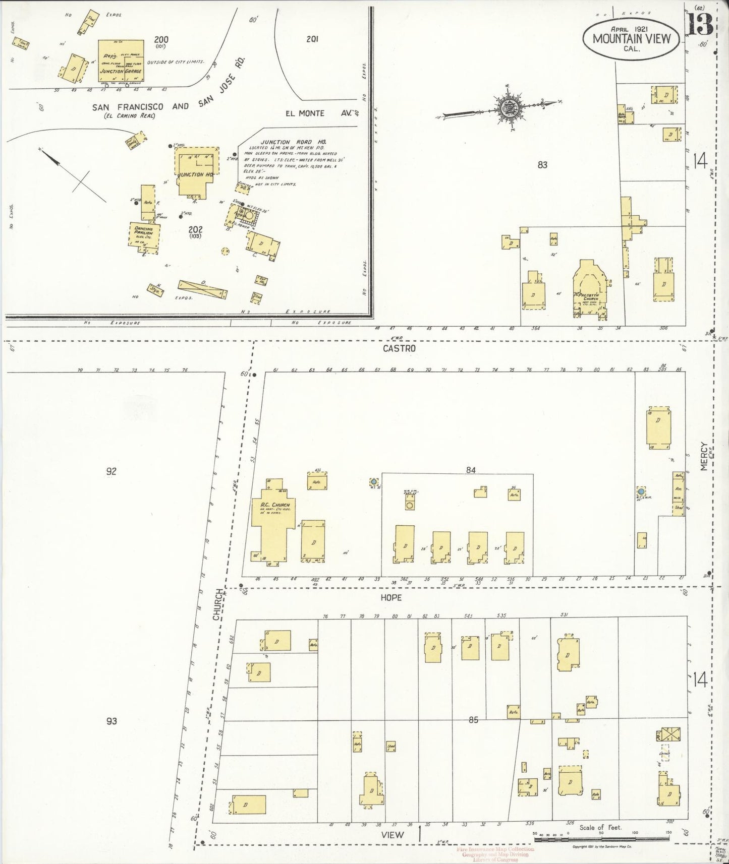 Sanborn Fire Insurance Map from Mountain View, Santa Clara County, California (1921), Sheet #0013 - Historic Sanborn Fire Insurance Map Print, vintage old map wall art, antique decor, genealogy gift, California California map