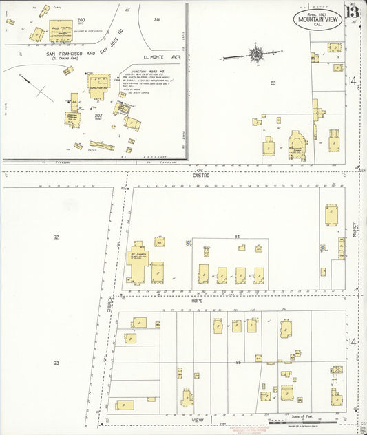Sanborn Fire Insurance Map from Mountain View, Santa Clara County, California (1921), Sheet #0013 - Historic Sanborn Fire Insurance Map Print, vintage old map wall art, antique decor, genealogy gift, California California map