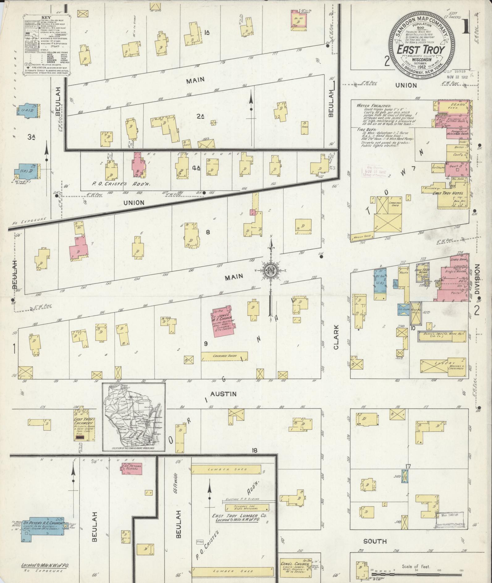 Sanborn Fire Insurance Map from East Troy, Walworth County, Wisconsin (1912), Sheet #0001 - Historic Sanborn Fire Insurance Map Print, vintage old map wall art, antique decor, genealogy gift, Wisconsin Wisconsin map