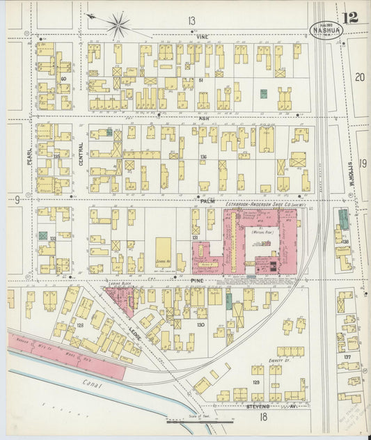 Sanborn Fire Insurance Map from Nashua, Hillsborough County, New Hampshire (1902), Sheet #0012 - Historic Sanborn Fire Insurance Map Print, vintage old map wall art, antique decor, genealogy gift, New Hampshire New Hampshire map