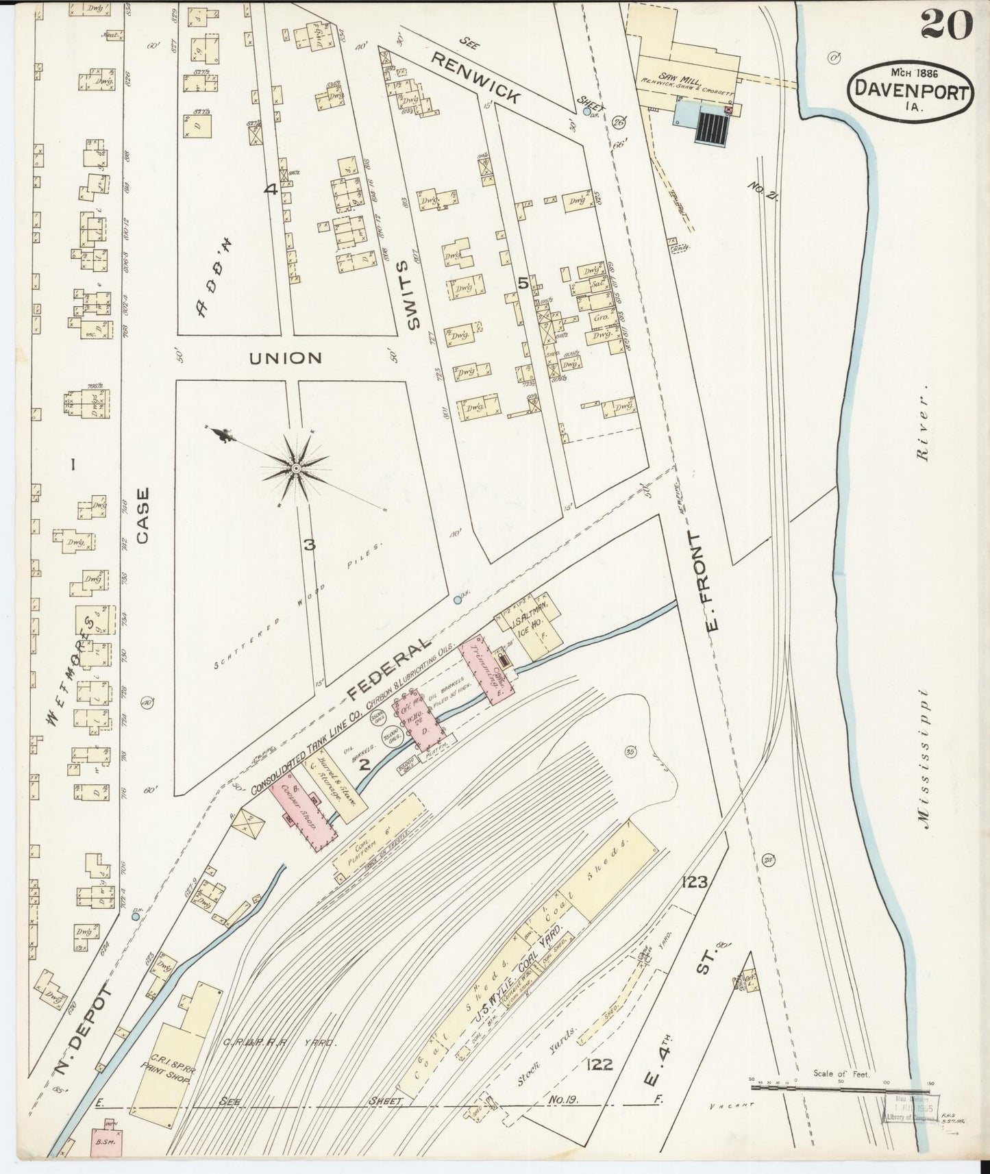 Sanborn Fire Insurance Map from Davenport, Scott County, Iowa (1886), Sheet #0020 - Historic Sanborn Fire Insurance Map Print, vintage old map wall art