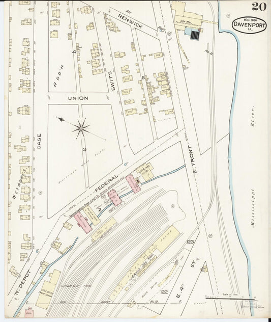Sanborn Fire Insurance Map from Davenport, Scott County, Iowa (1886), Sheet #0020 - Historic Sanborn Fire Insurance Map Print, vintage old map wall art