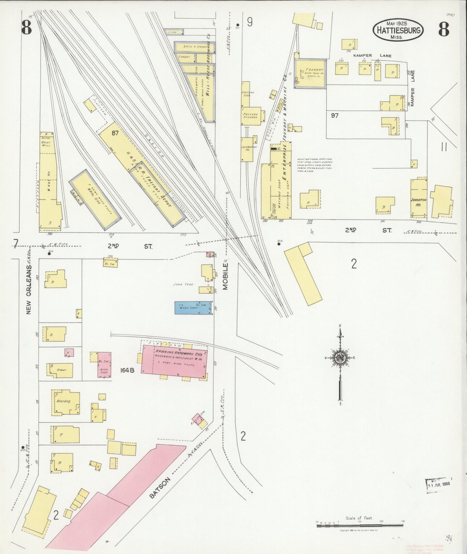 Sanborn Fire Insurance Map from Hattiesburg, Forrest County, Mississippi (1925), Sheet #0008 - Historic Sanborn Fire Insurance Map Print, vintage old map wall art, antique decor, genealogy gift, Mississippi Mississippi map