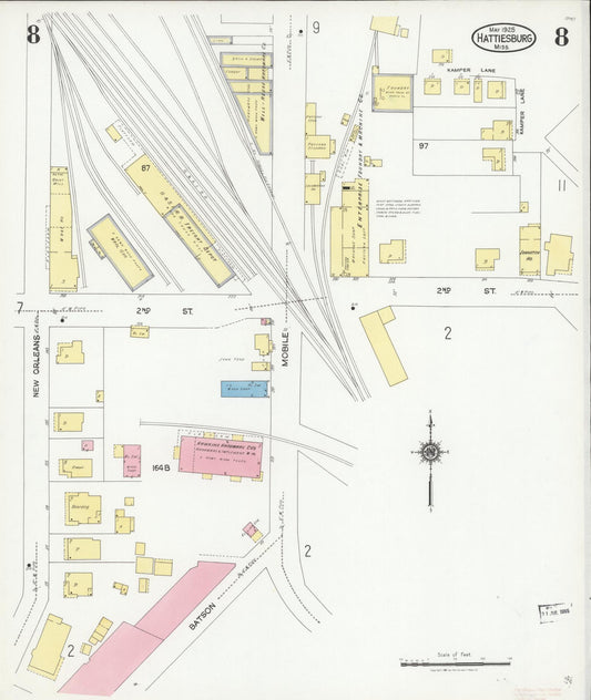 Sanborn Fire Insurance Map from Hattiesburg, Forrest County, Mississippi (1925), Sheet #0008 - Historic Sanborn Fire Insurance Map Print, vintage old map wall art, antique decor, genealogy gift, Mississippi Mississippi map